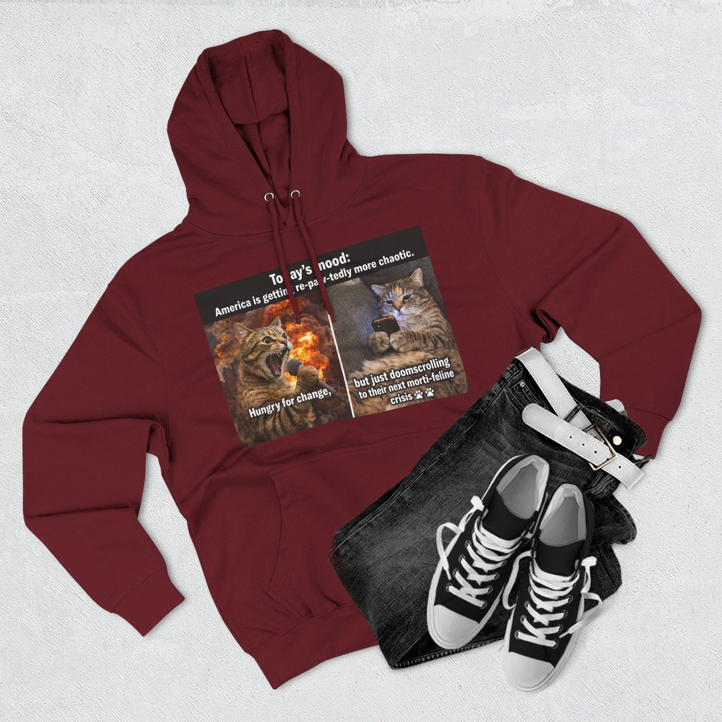 Three - Panel Cat Meme Hoodie — 'Today’s Mood' Feline Chaos Graphic Sweatshirt - FloofChonk