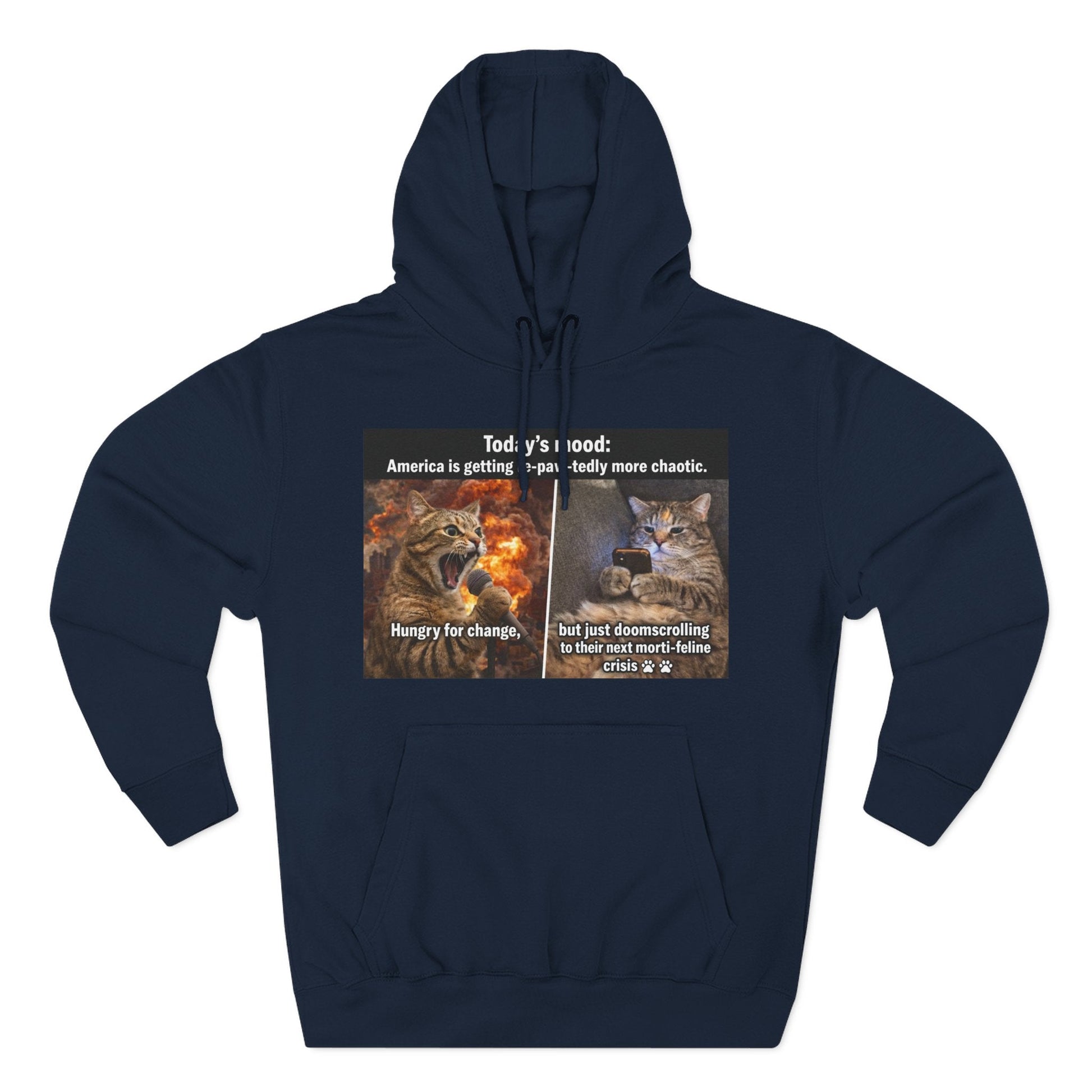 Three - Panel Cat Meme Hoodie — 'Today’s Mood' Feline Chaos Graphic Sweatshirt - FloofChonk