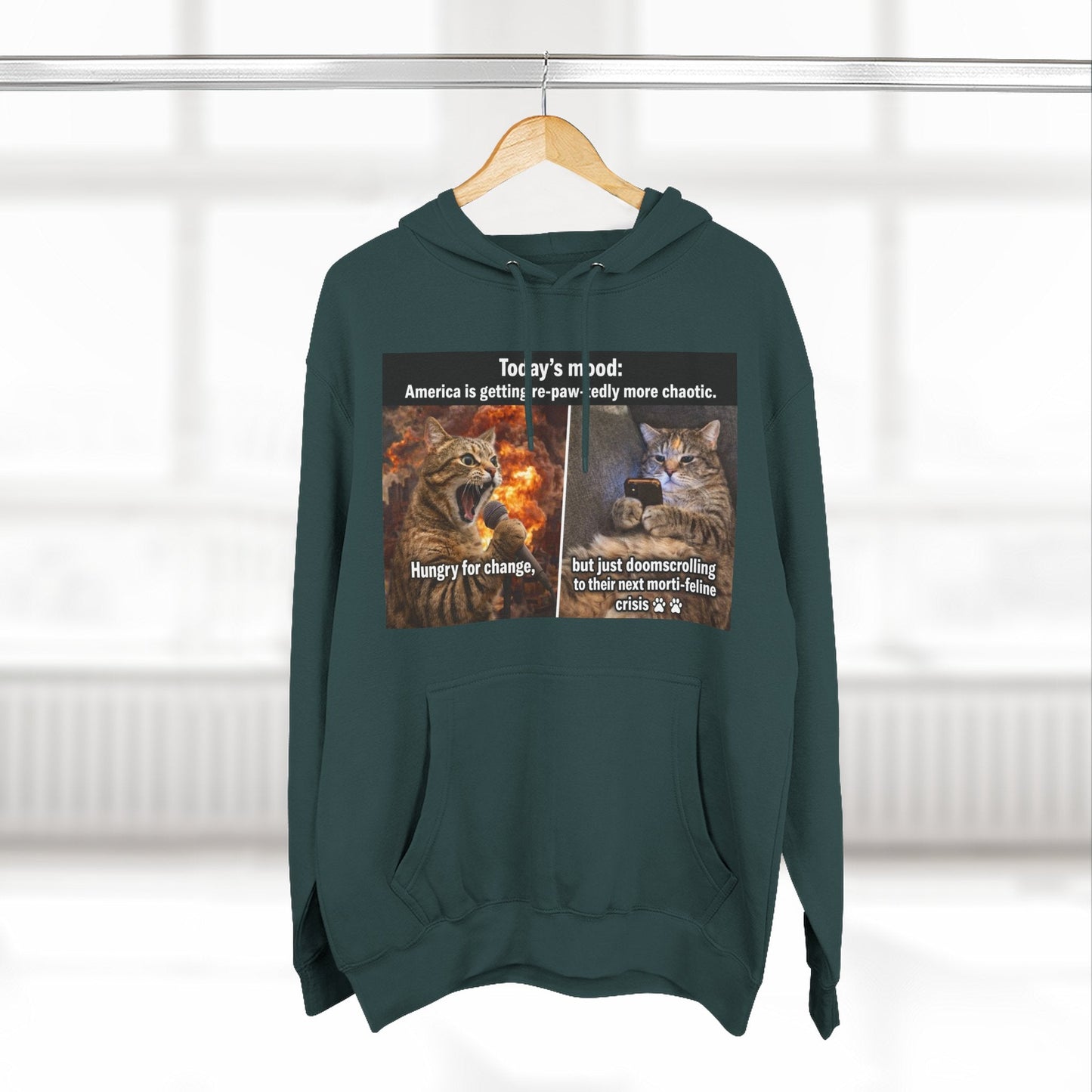 Three - Panel Cat Meme Hoodie — 'Today’s Mood' Feline Chaos Graphic Sweatshirt - FloofChonk