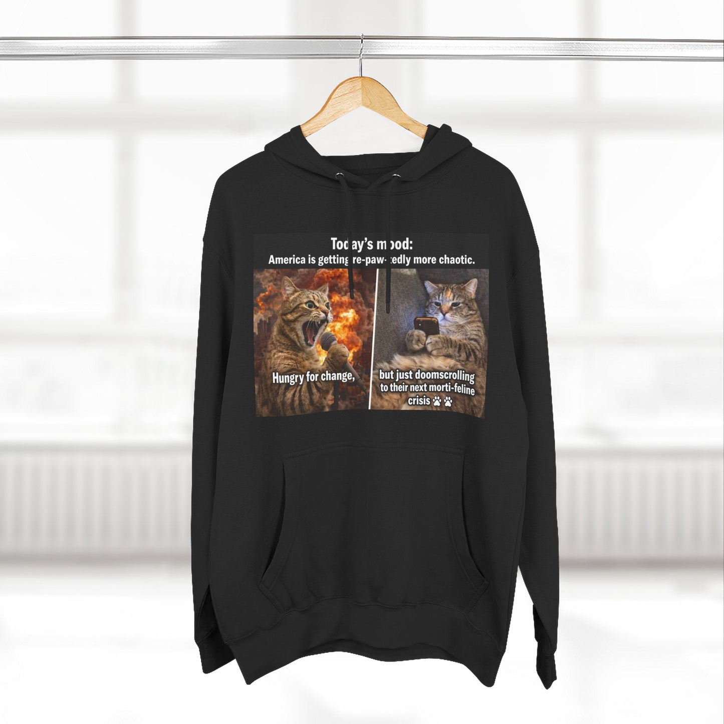 Three - Panel Cat Meme Hoodie — 'Today’s Mood' Feline Chaos Graphic Sweatshirt - FloofChonk