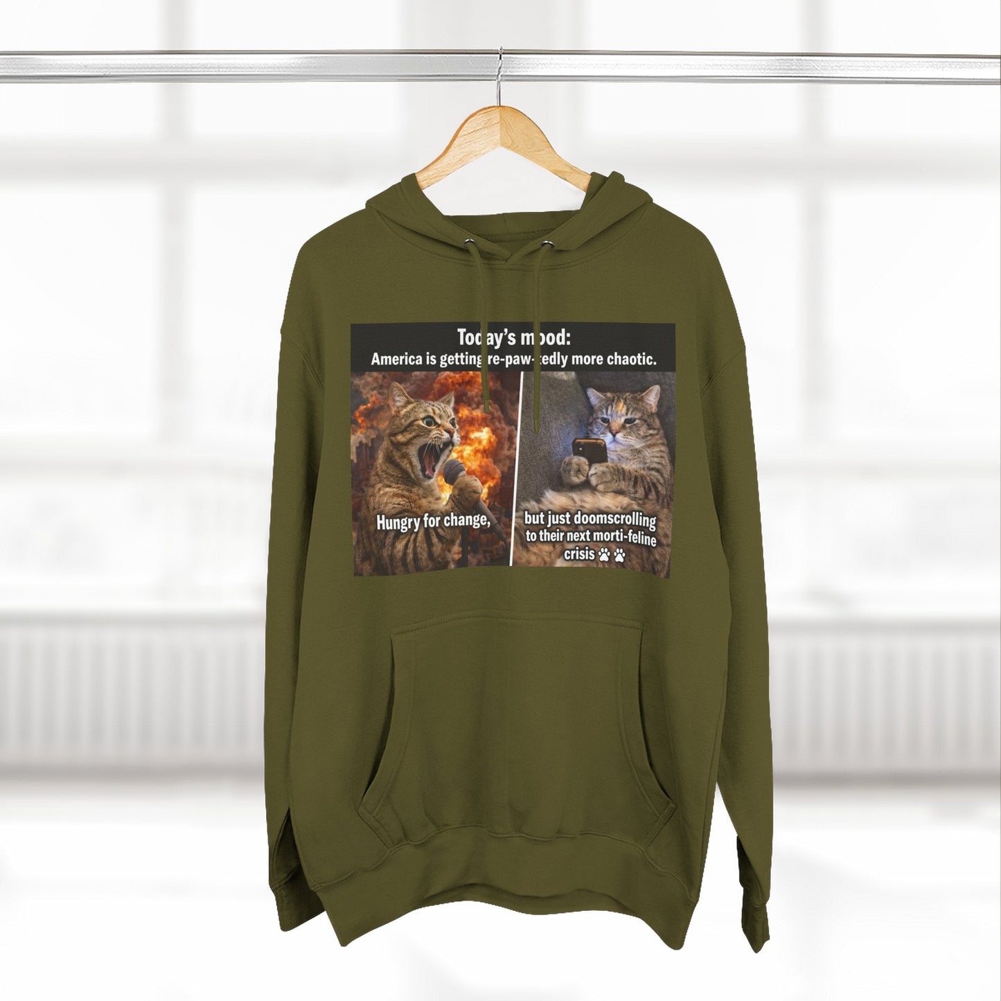 Three - Panel Cat Meme Hoodie — 'Today’s Mood' Feline Chaos Graphic Sweatshirt - FloofChonk