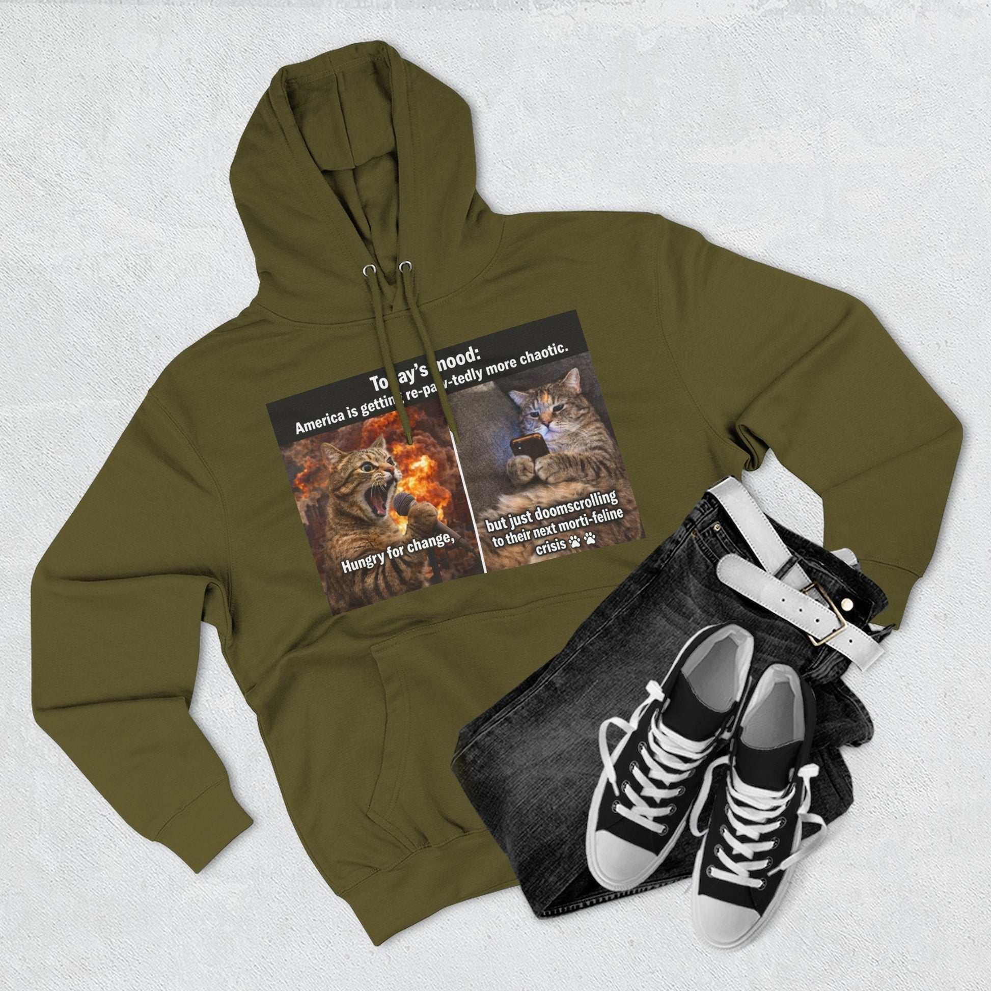 Three - Panel Cat Meme Hoodie — 'Today’s Mood' Feline Chaos Graphic Sweatshirt - FloofChonk