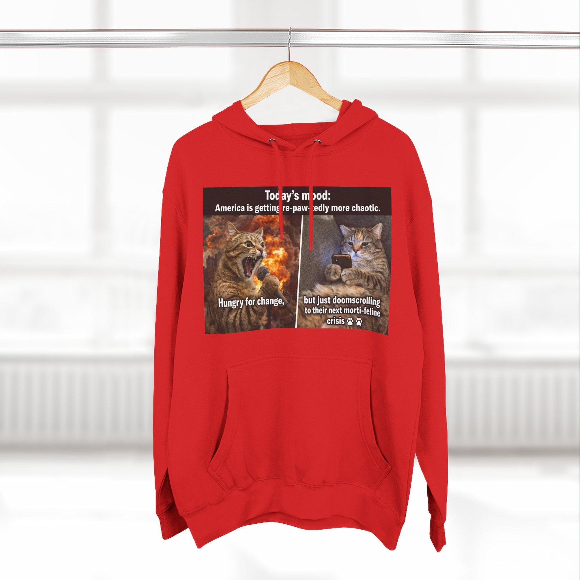 Three - Panel Cat Meme Hoodie — 'Today’s Mood' Feline Chaos Graphic Sweatshirt - FloofChonk