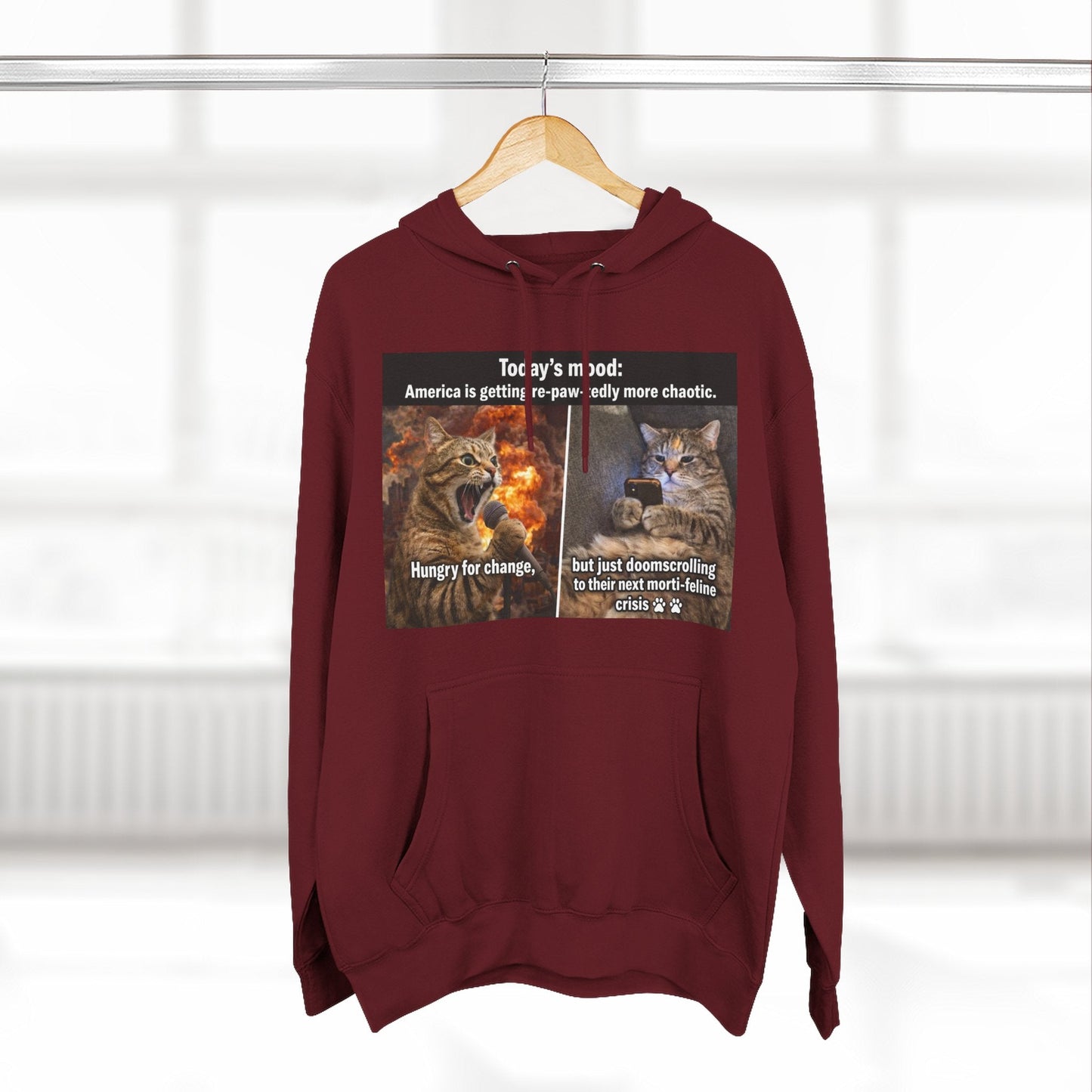 Three - Panel Cat Meme Hoodie — 'Today’s Mood' Feline Chaos Graphic Sweatshirt - FloofChonk