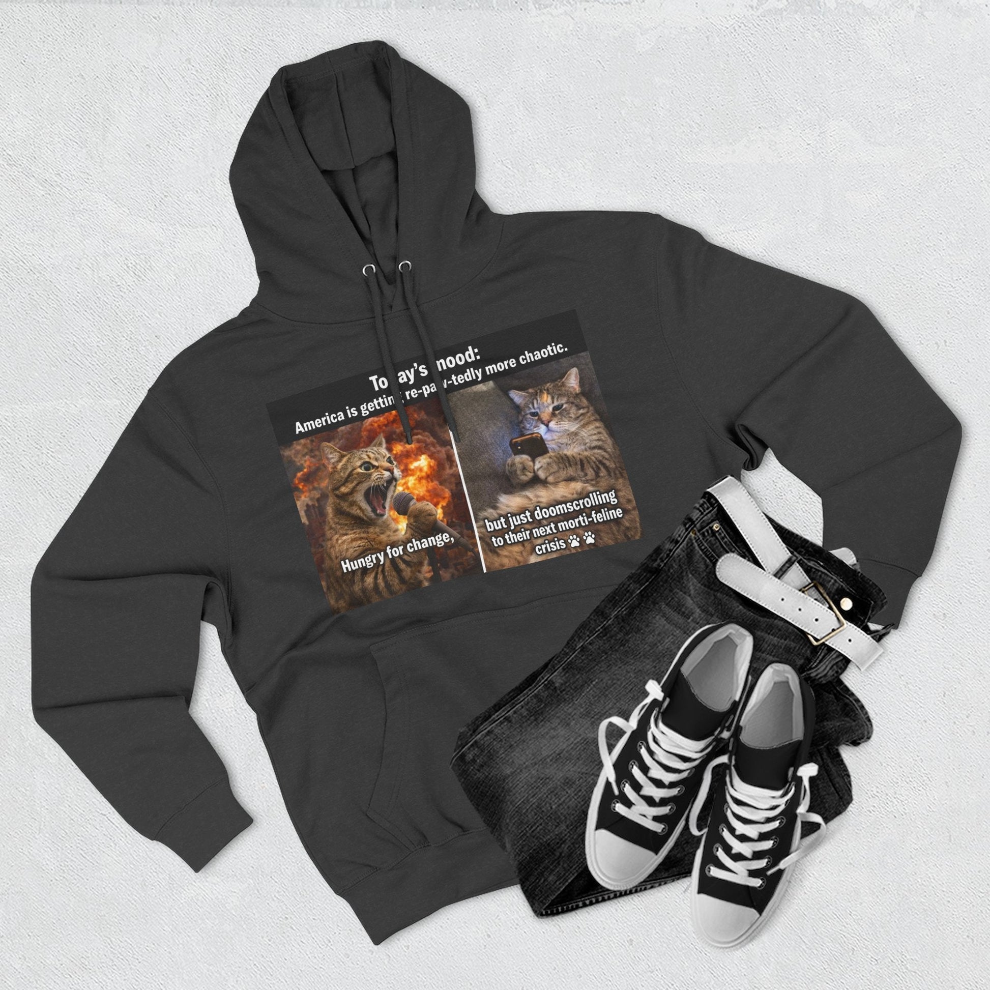Three - Panel Cat Meme Hoodie — 'Today’s Mood' Feline Chaos Graphic Sweatshirt - FloofChonk