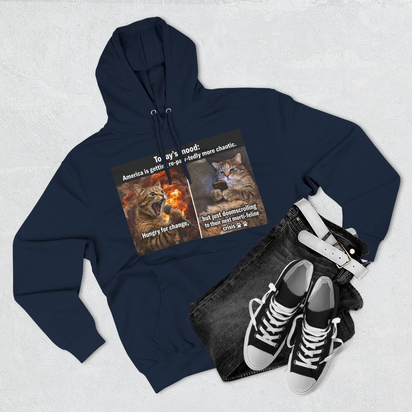 Three - Panel Cat Meme Hoodie — 'Today’s Mood' Feline Chaos Graphic Sweatshirt - FloofChonk
