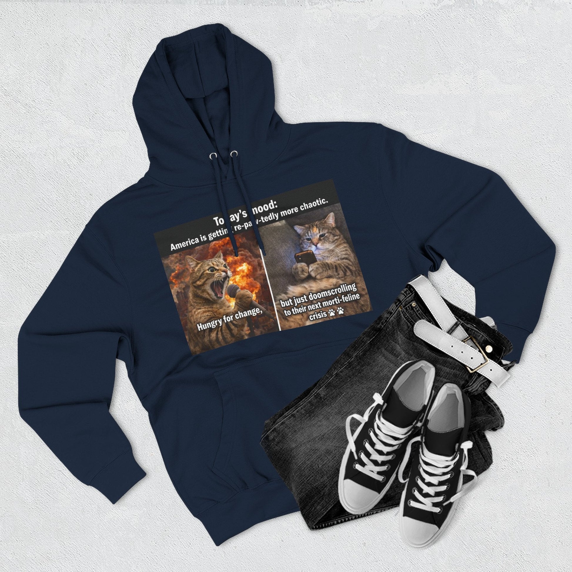 Three - Panel Cat Meme Hoodie — 'Today’s Mood' Feline Chaos Graphic Sweatshirt - FloofChonk