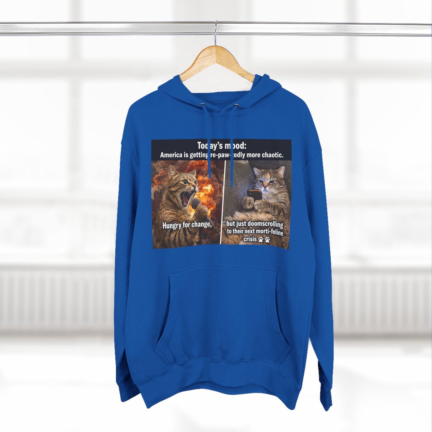 Three - Panel Cat Meme Hoodie — 'Today’s Mood' Feline Chaos Graphic Sweatshirt - FloofChonk