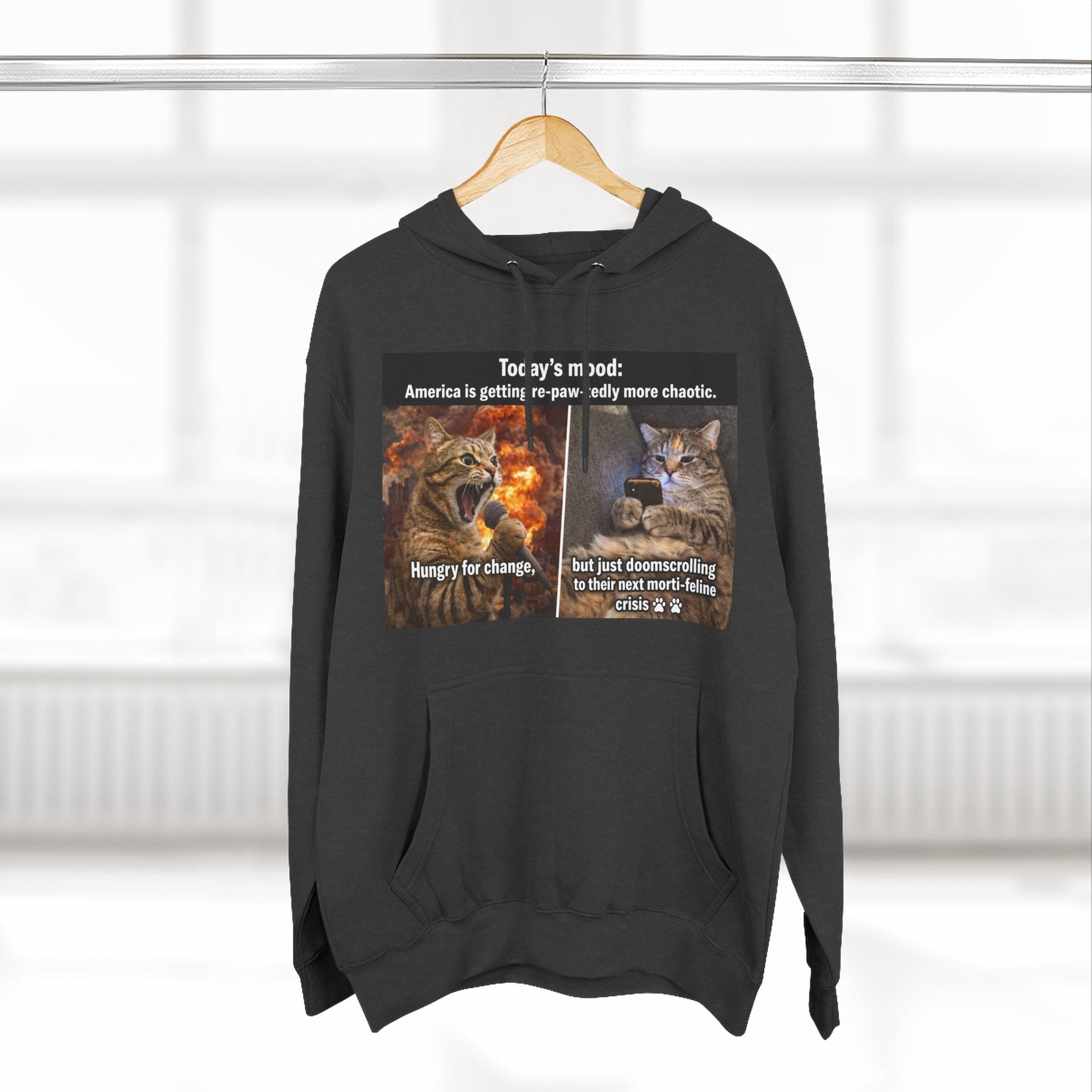 Three - Panel Cat Meme Hoodie — 'Today’s Mood' Feline Chaos Graphic Sweatshirt - FloofChonk