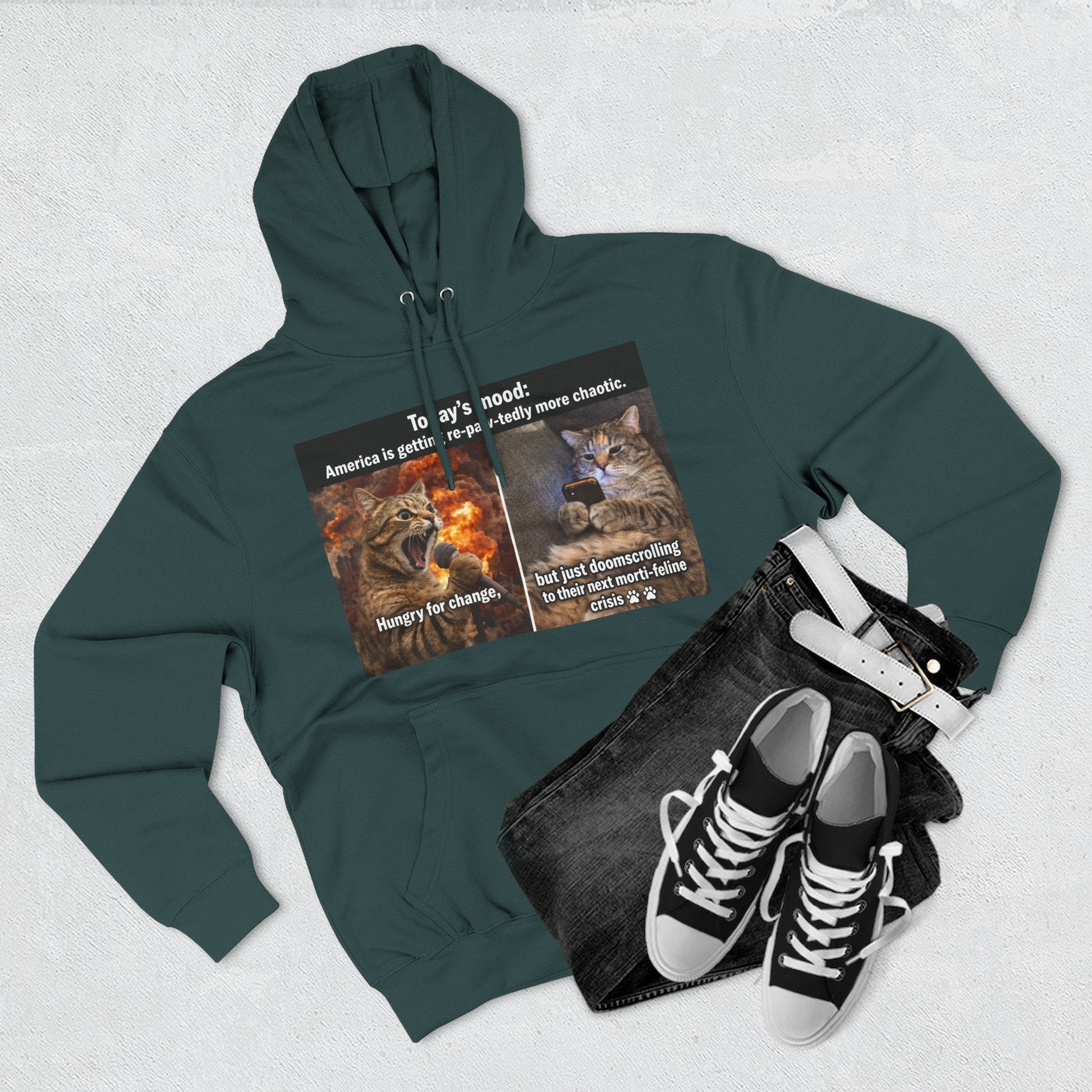 Three - Panel Cat Meme Hoodie — 'Today’s Mood' Feline Chaos Graphic Sweatshirt - FloofChonk