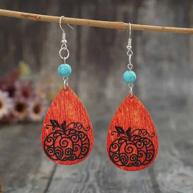 Turquoise Wooden Pumpkin Teardrop Earrings - FloofChonk