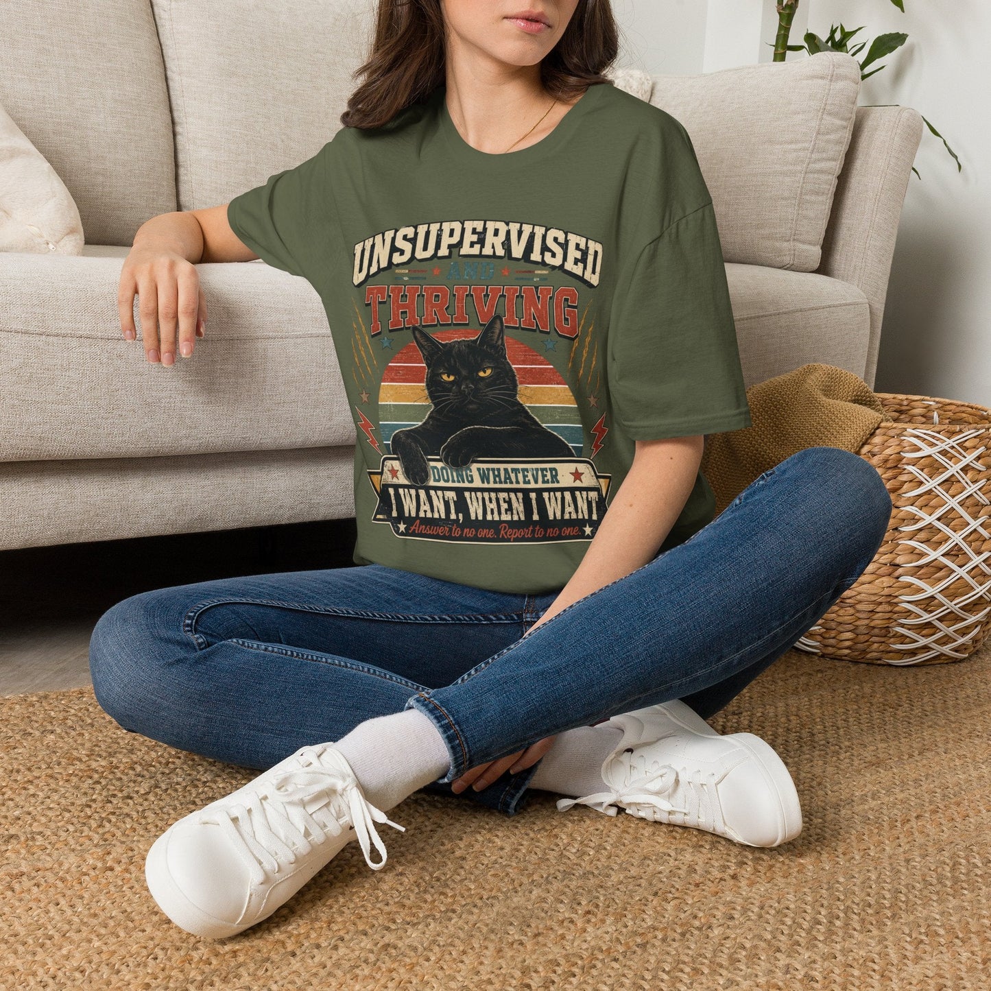 Unsupervised and Thriving Cat T-Shirt — Funny Black Cat Retro Graphic Tee - FloofChonk