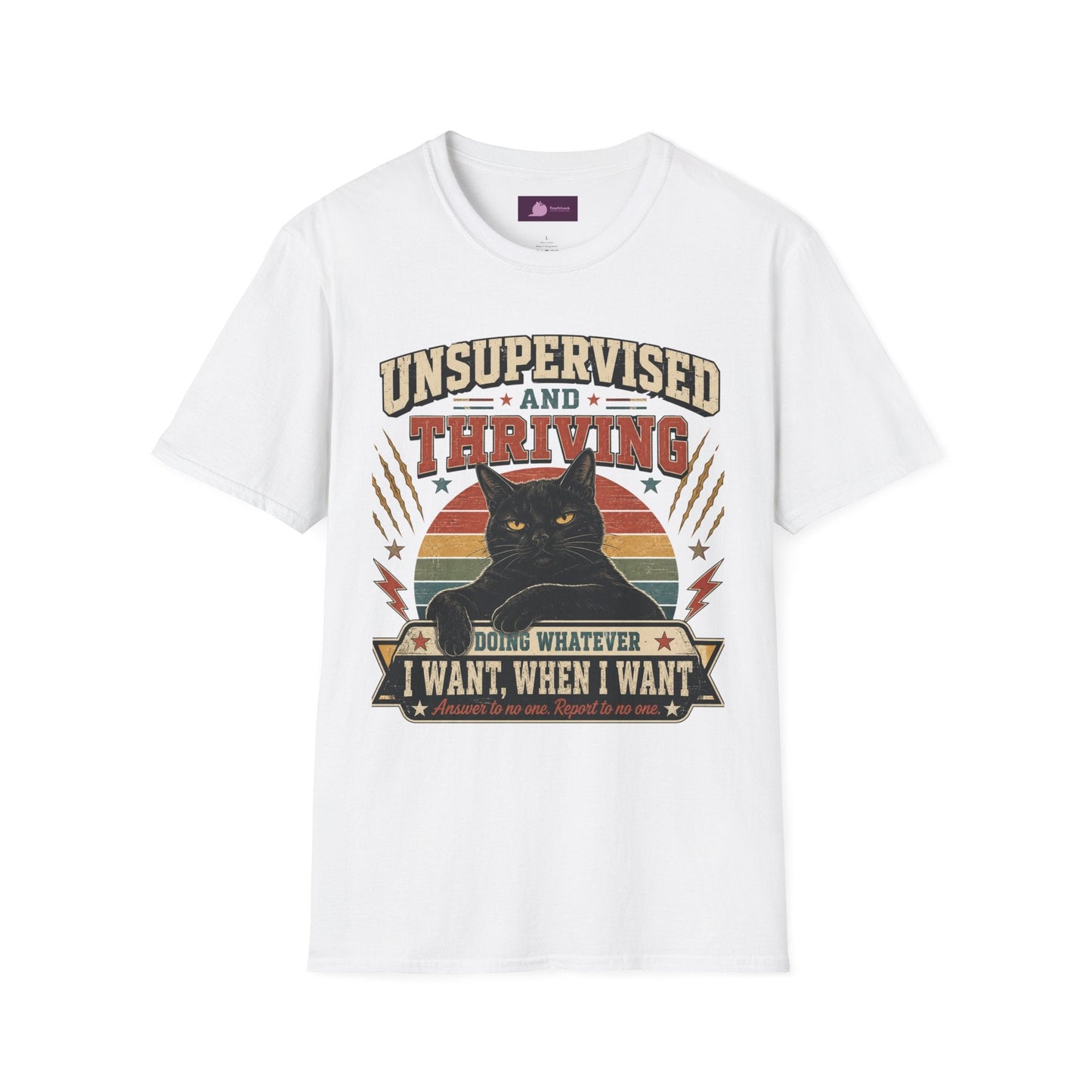 Unsupervised and Thriving Cat T-Shirt — Funny Black Cat Retro Graphic Tee - FloofChonk