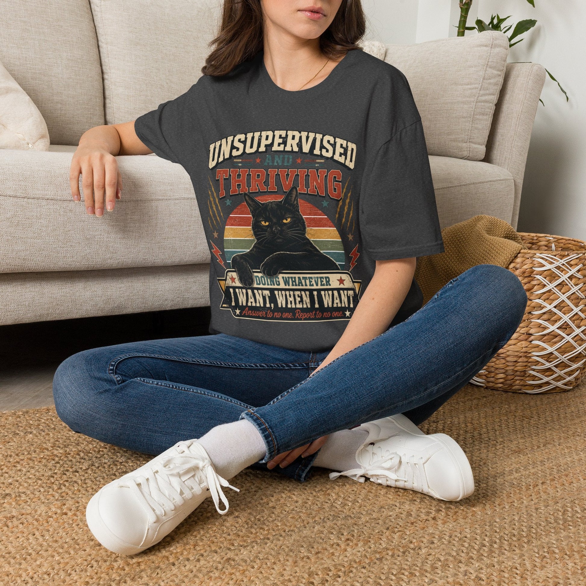 Unsupervised and Thriving Cat T-Shirt — Funny Black Cat Retro Graphic Tee - FloofChonk
