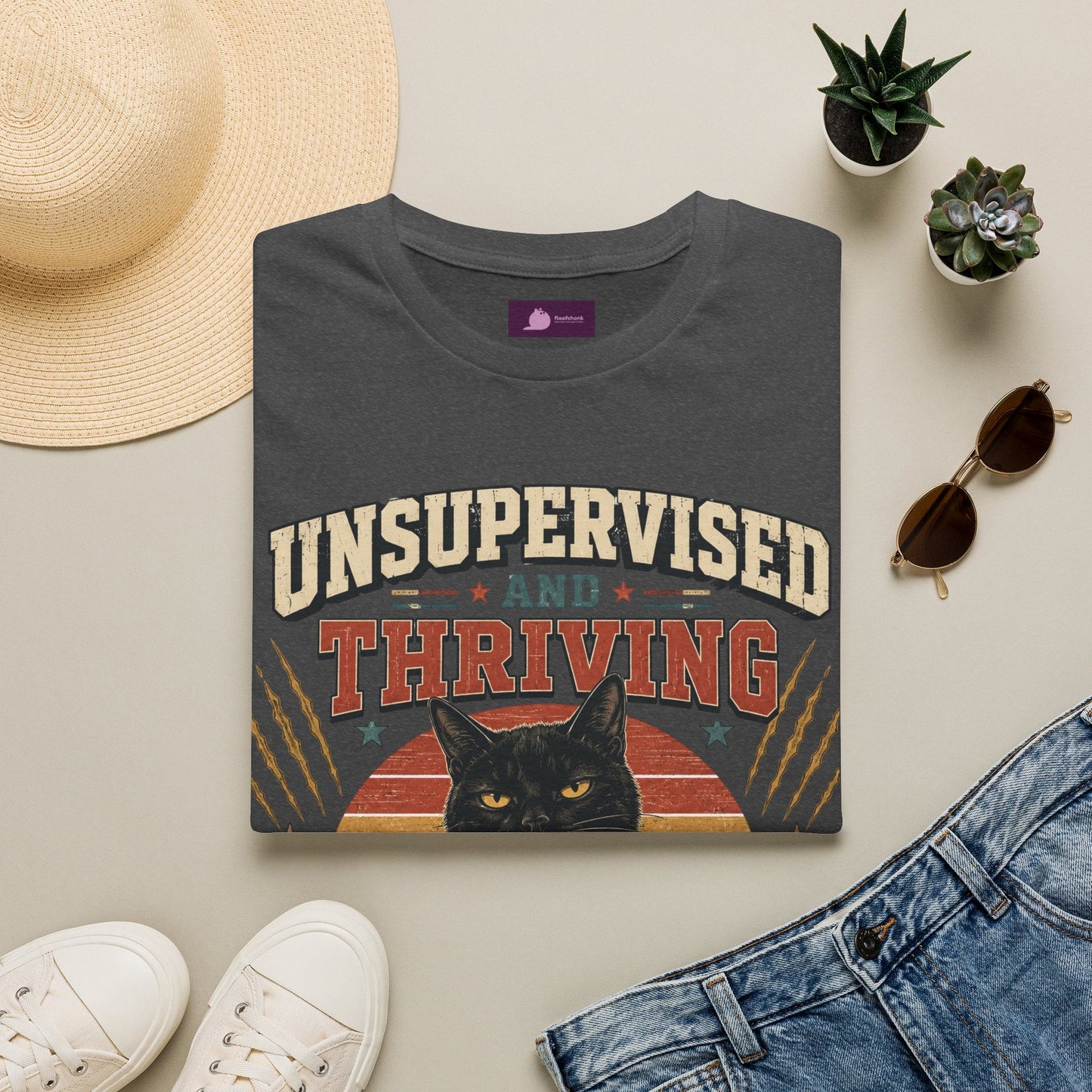 Unsupervised and Thriving Cat T-Shirt — Funny Black Cat Retro Graphic Tee - FloofChonk