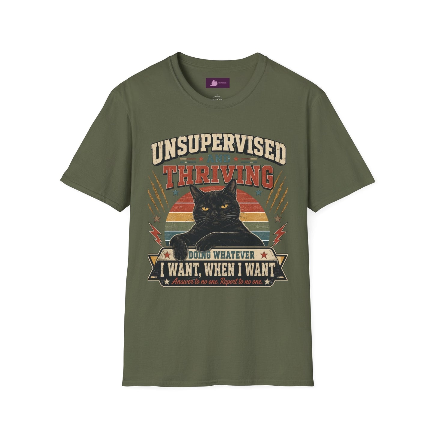 Unsupervised and Thriving Cat T-Shirt — Funny Black Cat Retro Graphic Tee - FloofChonk