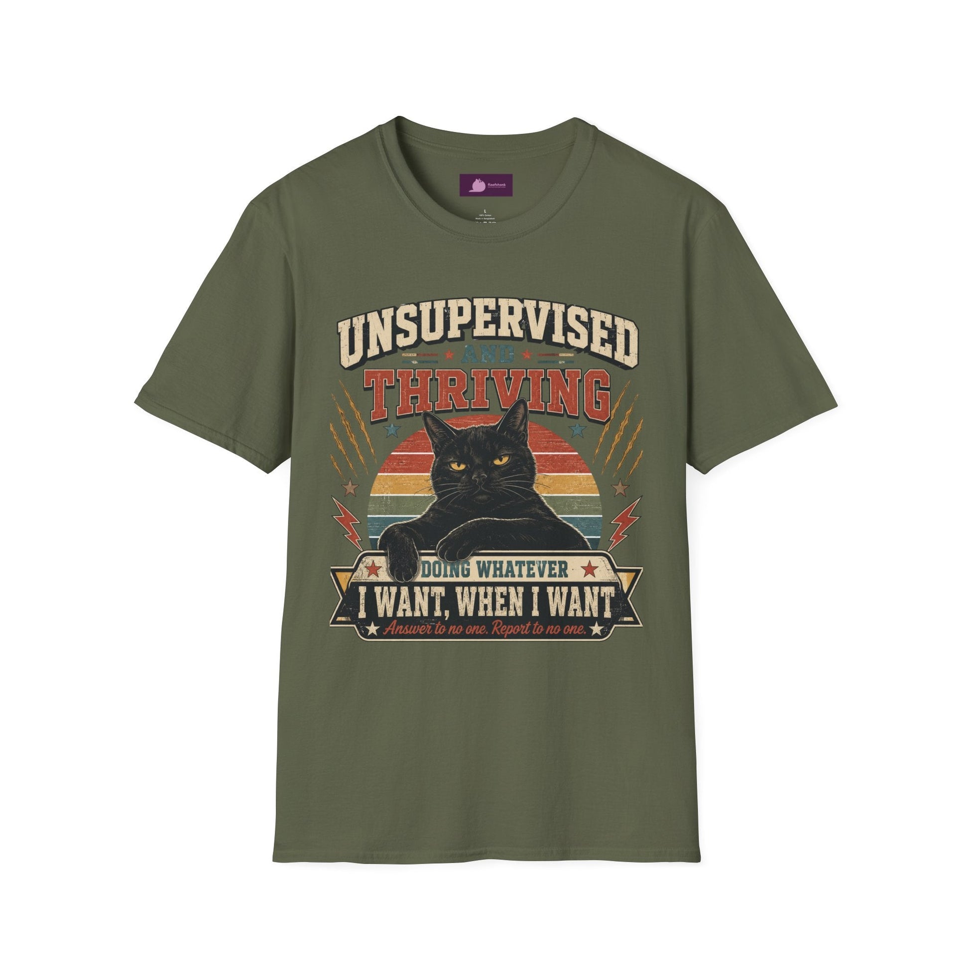Unsupervised and Thriving Cat T-Shirt — Funny Black Cat Retro Graphic Tee - FloofChonk