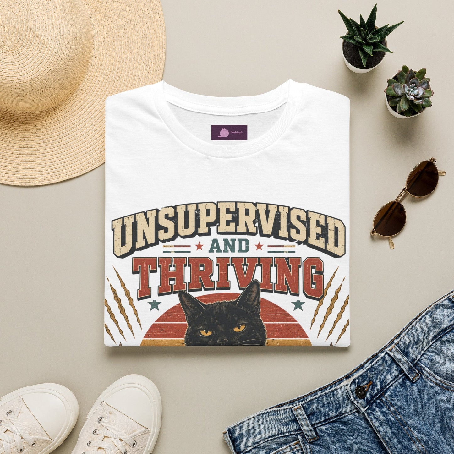 Unsupervised and Thriving Cat T-Shirt — Funny Black Cat Retro Graphic Tee - FloofChonk
