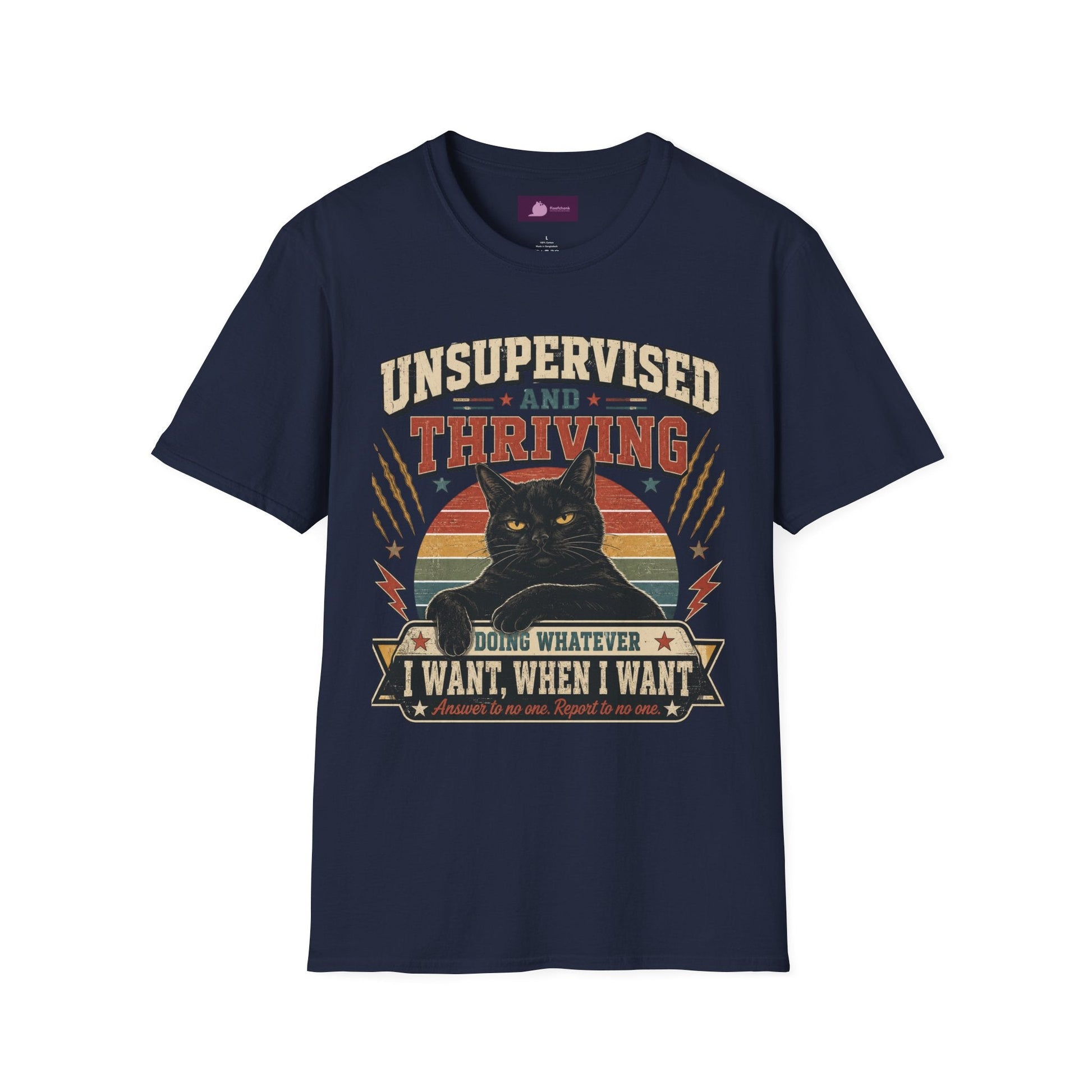 Unsupervised and Thriving Cat T-Shirt — Funny Black Cat Retro Graphic Tee - FloofChonk