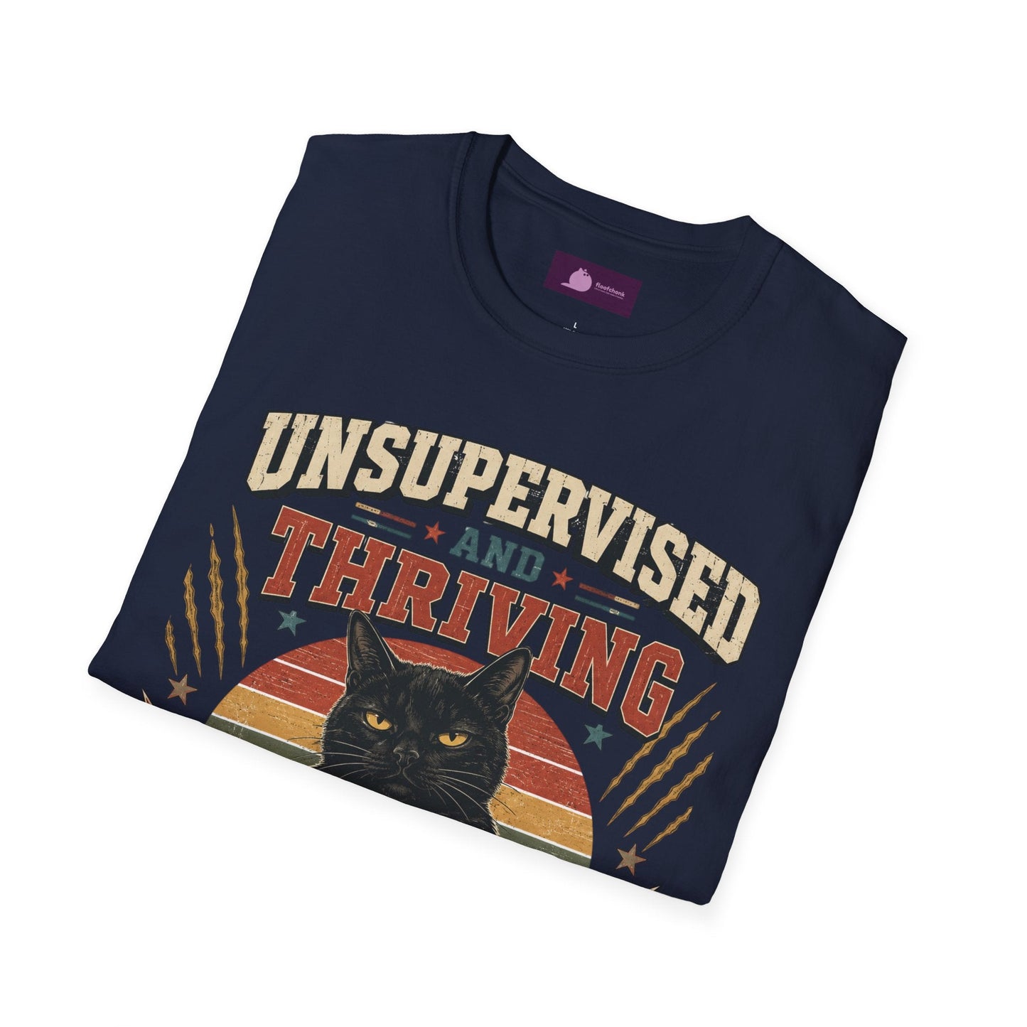 Unsupervised and Thriving Cat T-Shirt — Funny Black Cat Retro Graphic Tee - FloofChonk