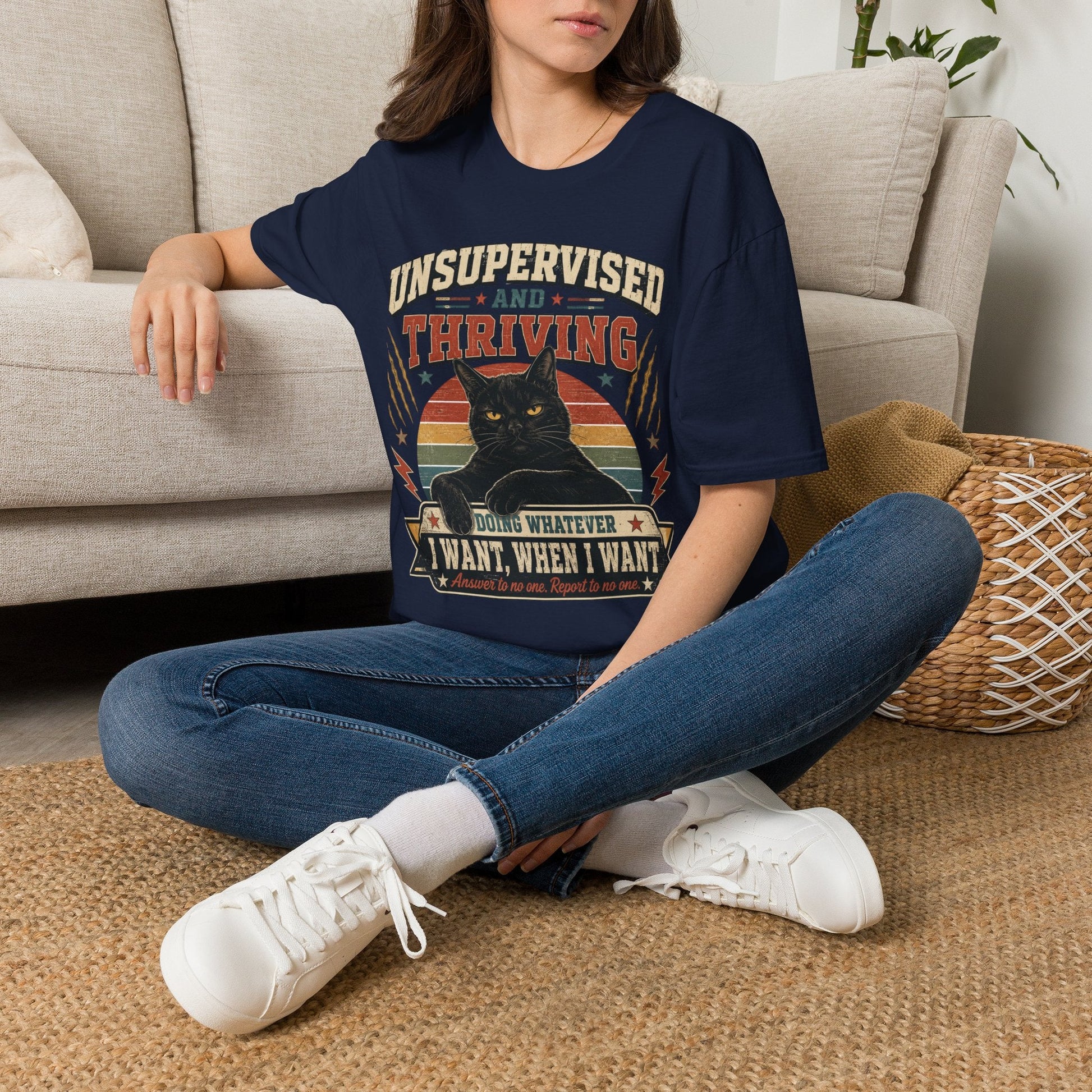 Unsupervised and Thriving Cat T-Shirt — Funny Black Cat Retro Graphic Tee - FloofChonk