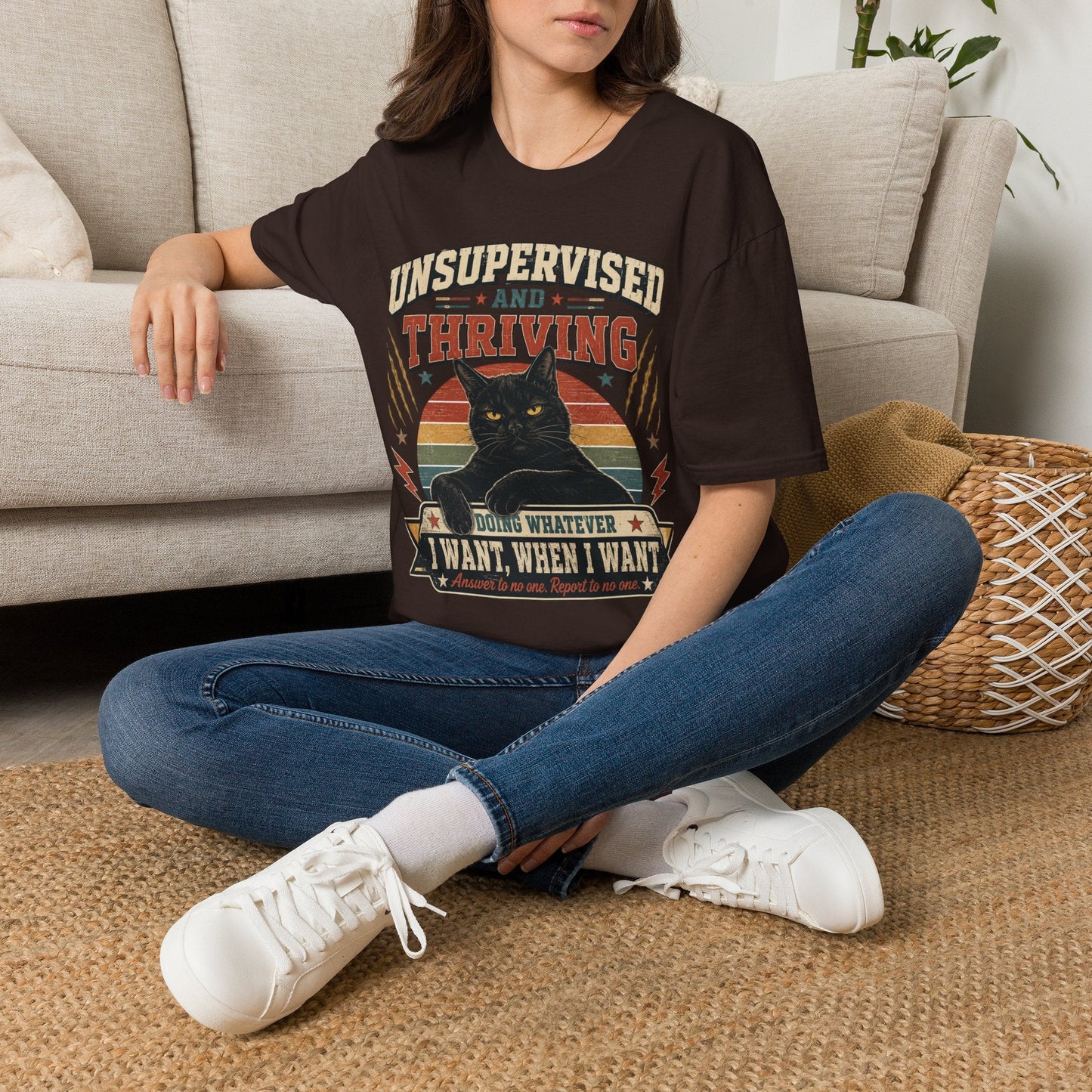 Unsupervised and Thriving Cat T-Shirt — Funny Black Cat Retro Graphic Tee - FloofChonk