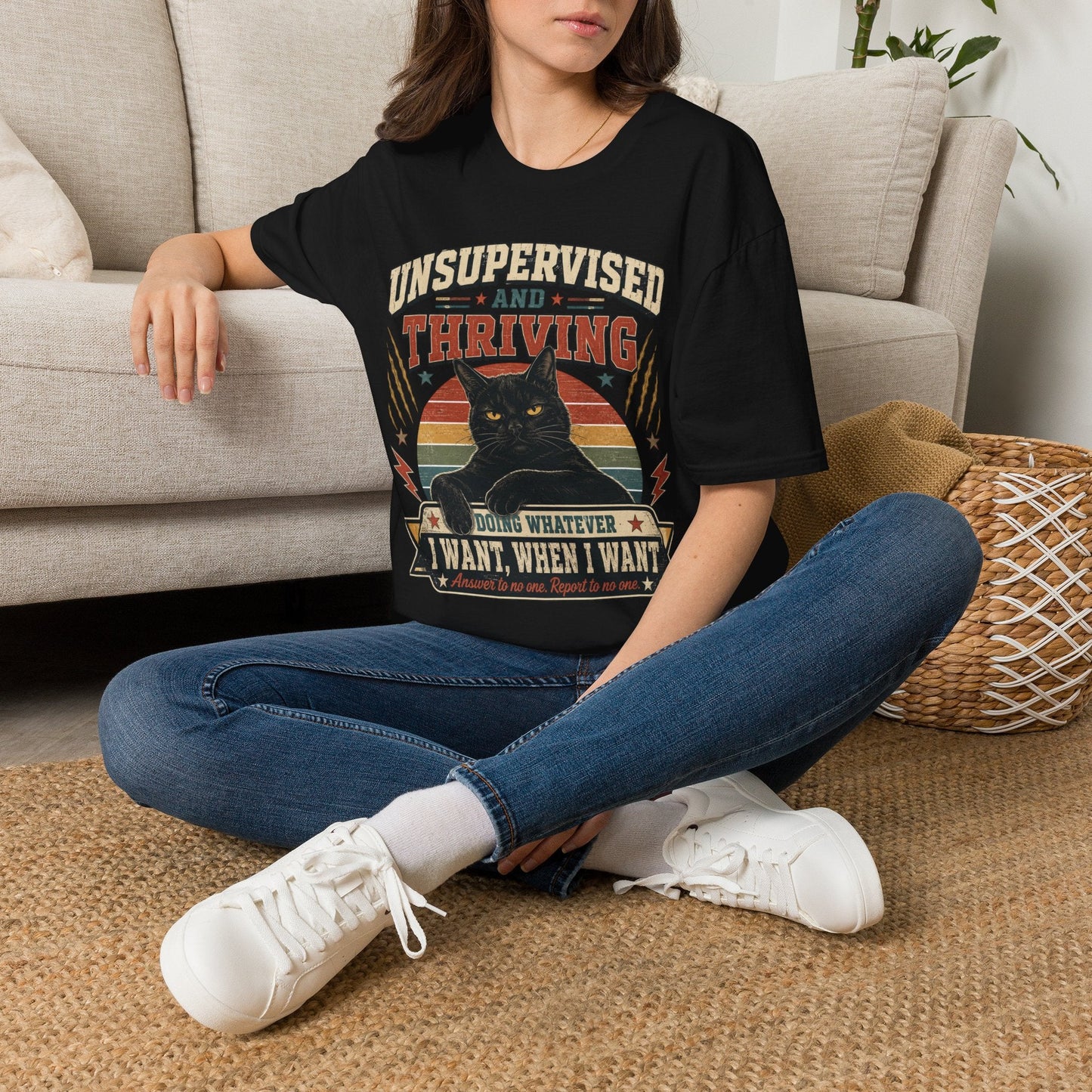 Unsupervised and Thriving Cat T-Shirt — Funny Black Cat Retro Graphic Tee - FloofChonk