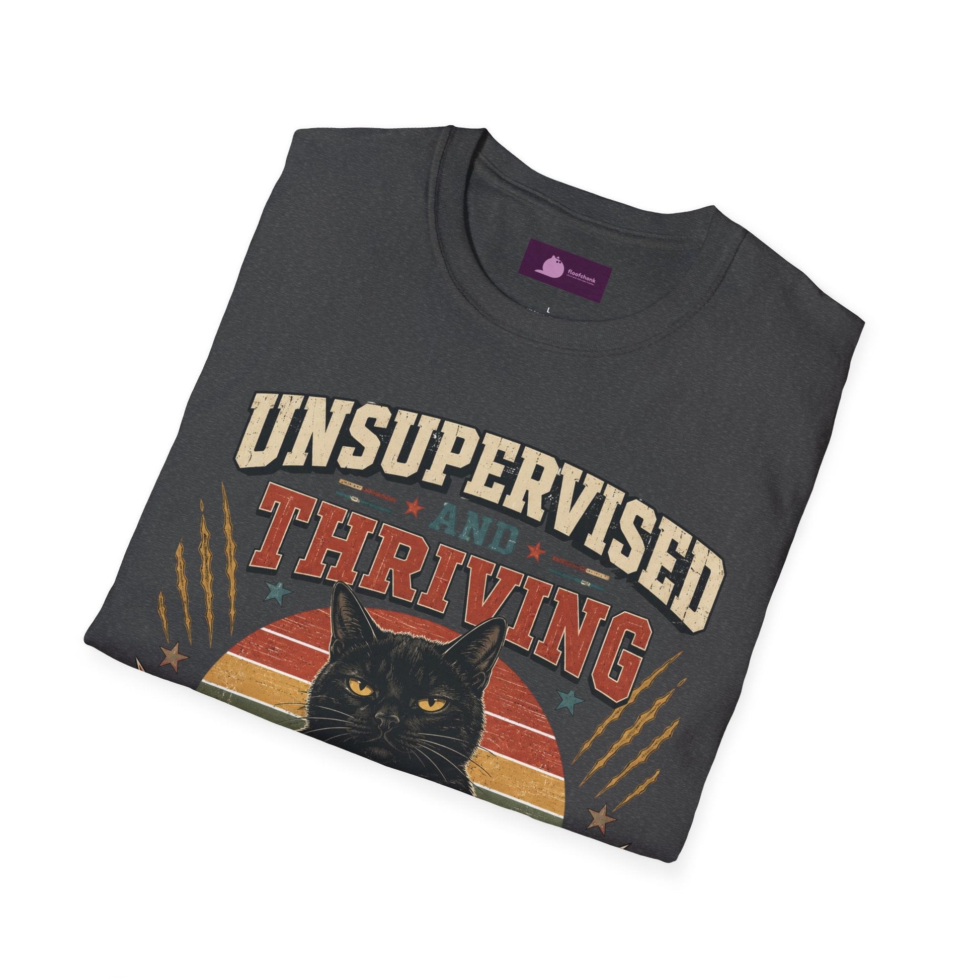 Unsupervised and Thriving Cat T-Shirt — Funny Black Cat Retro Graphic Tee - FloofChonk