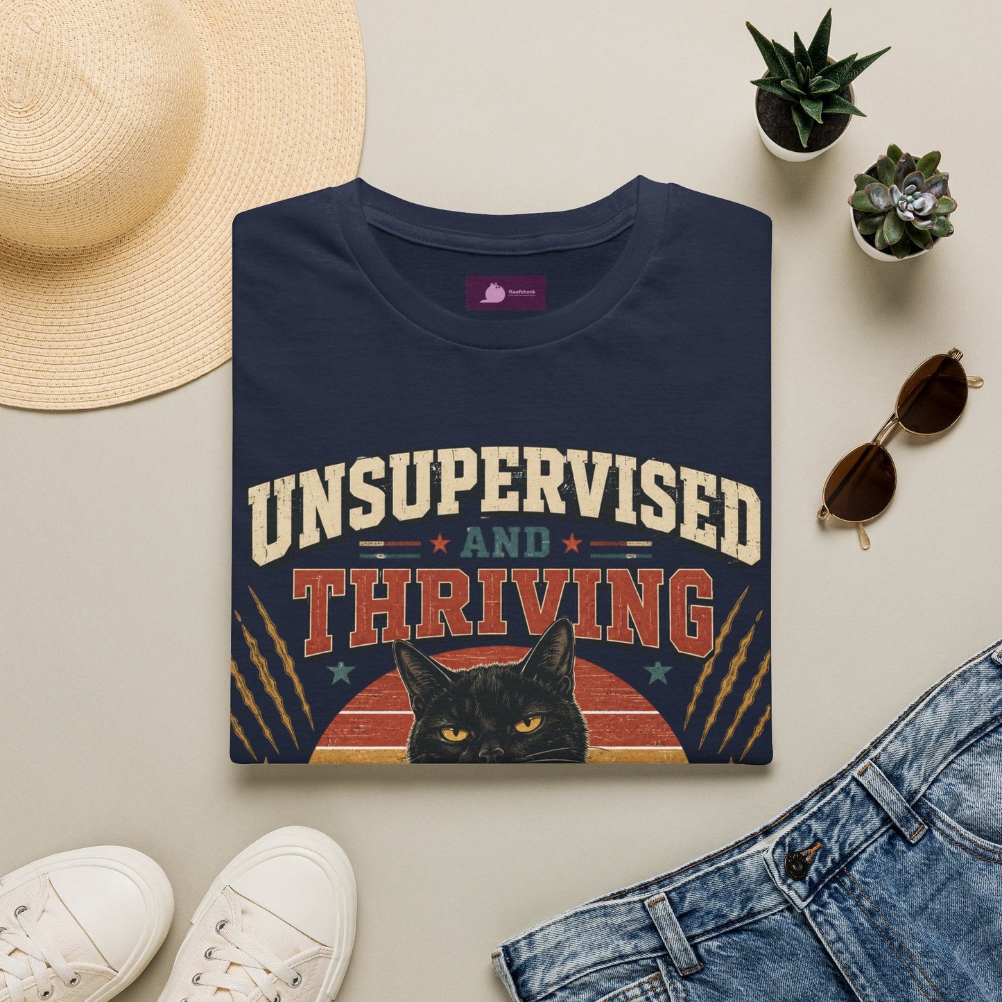 Unsupervised and Thriving Cat T-Shirt — Funny Black Cat Retro Graphic Tee - FloofChonk