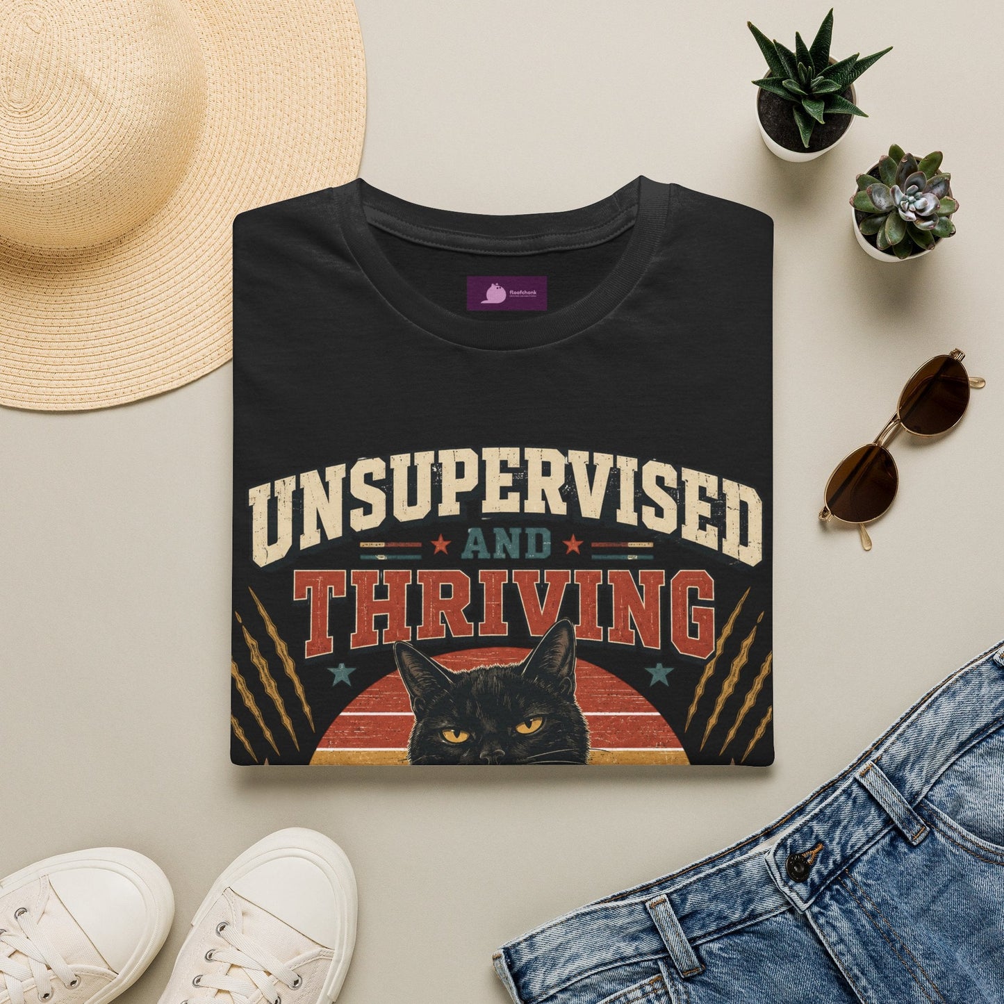 Unsupervised and Thriving Cat T-Shirt — Funny Black Cat Retro Graphic Tee - FloofChonk