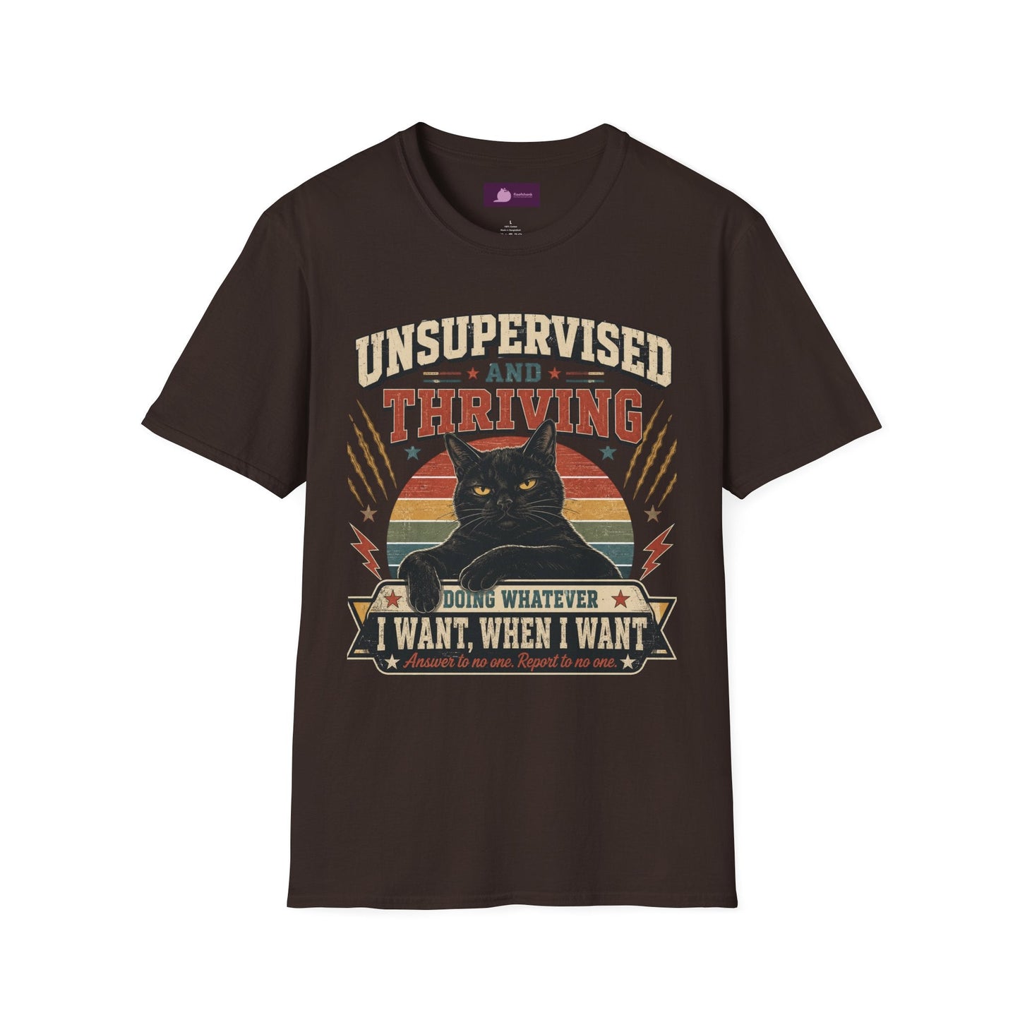 Unsupervised and Thriving Cat T-Shirt — Funny Black Cat Retro Graphic Tee - FloofChonk