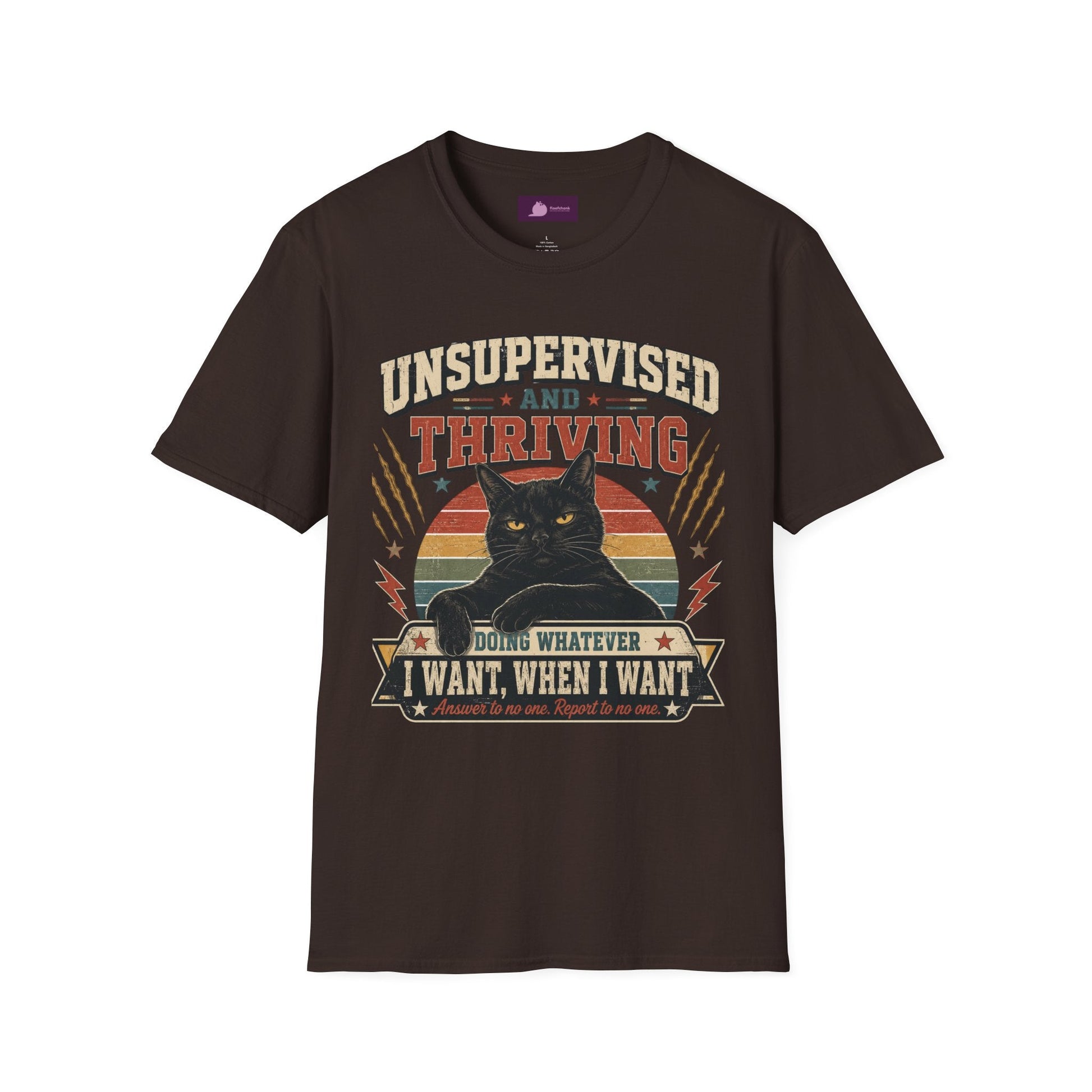 Unsupervised and Thriving Cat T-Shirt — Funny Black Cat Retro Graphic Tee - FloofChonk