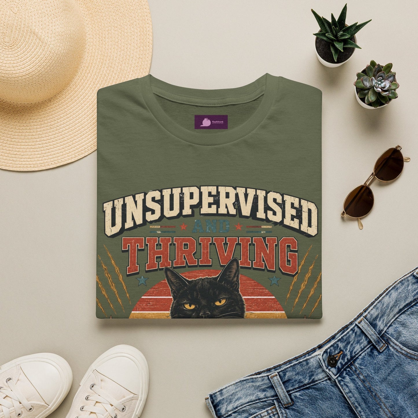 Unsupervised and Thriving Cat T-Shirt — Funny Black Cat Retro Graphic Tee - FloofChonk