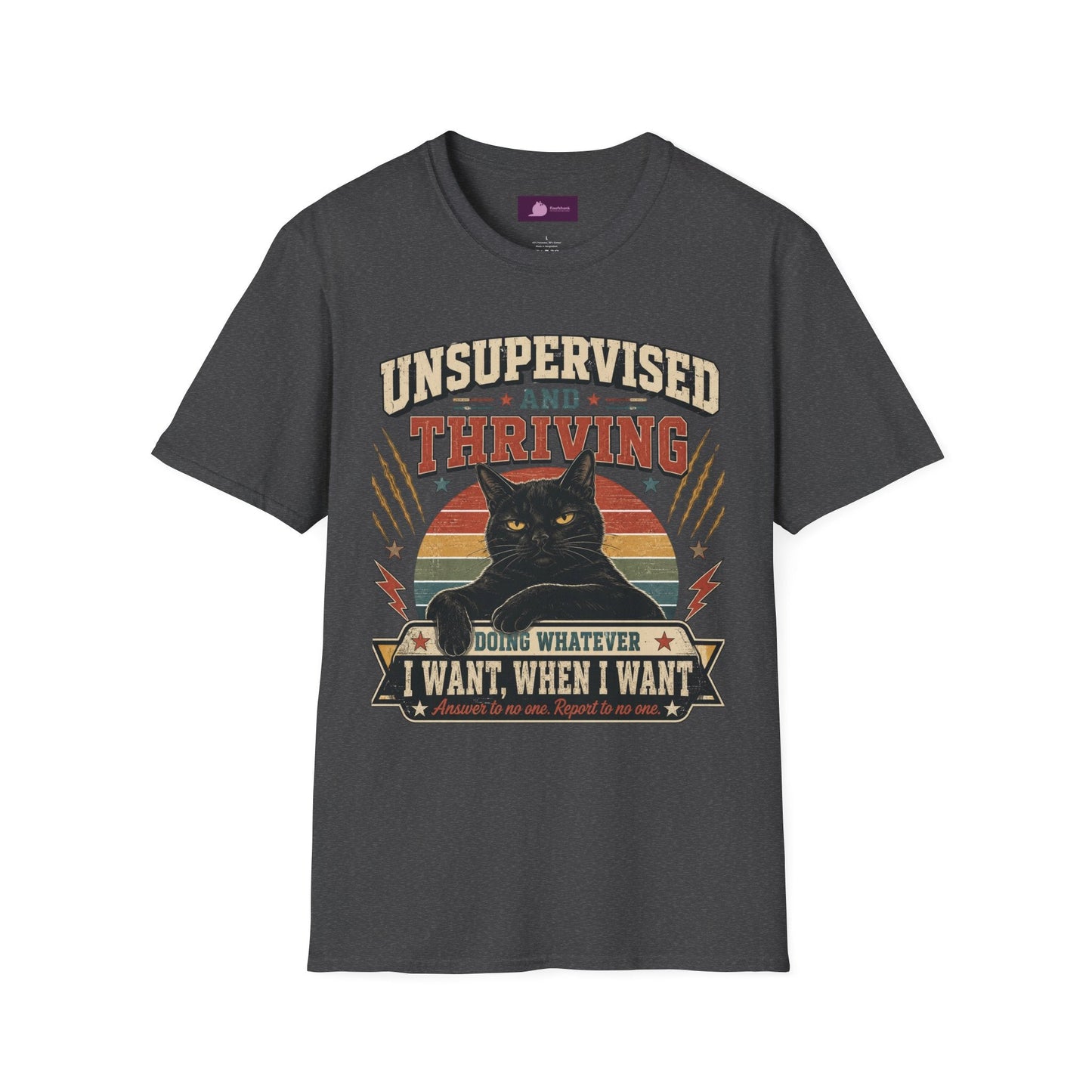Unsupervised and Thriving Cat T-Shirt — Funny Black Cat Retro Graphic Tee - FloofChonk