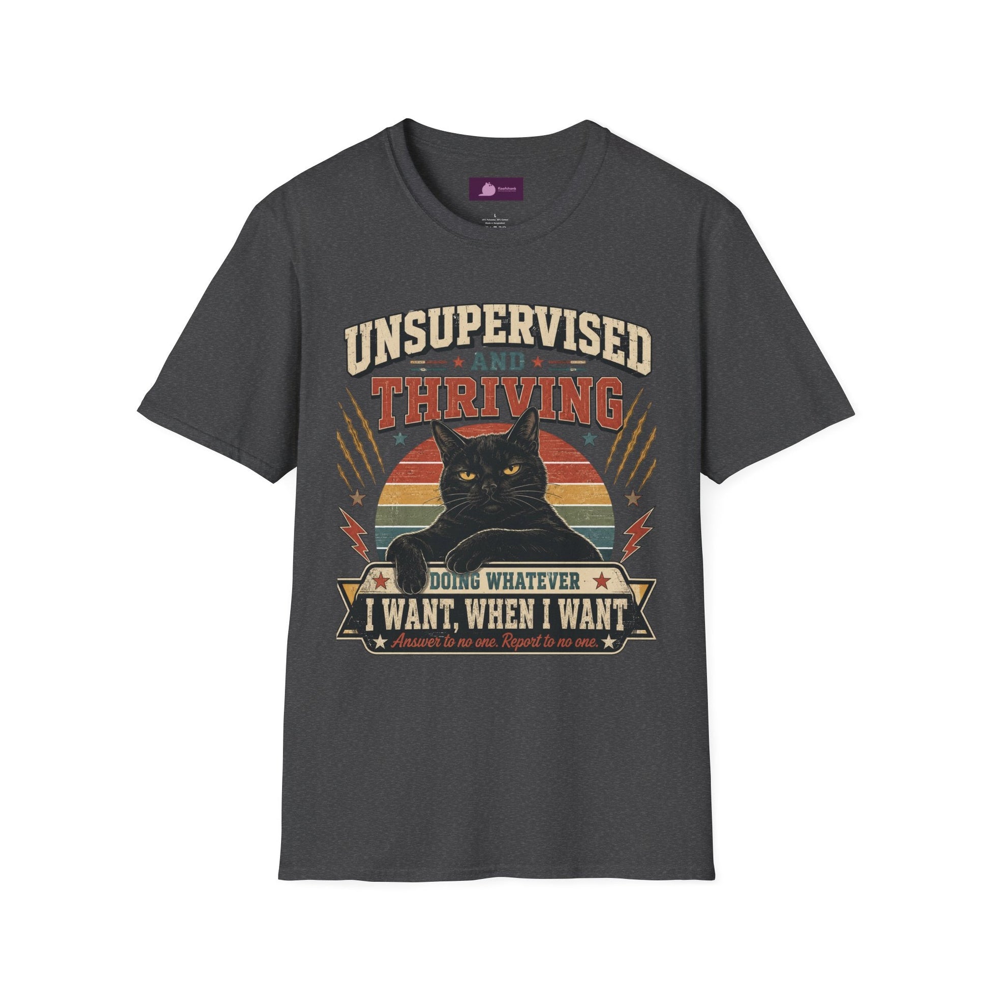 Unsupervised and Thriving Cat T-Shirt — Funny Black Cat Retro Graphic Tee - FloofChonk