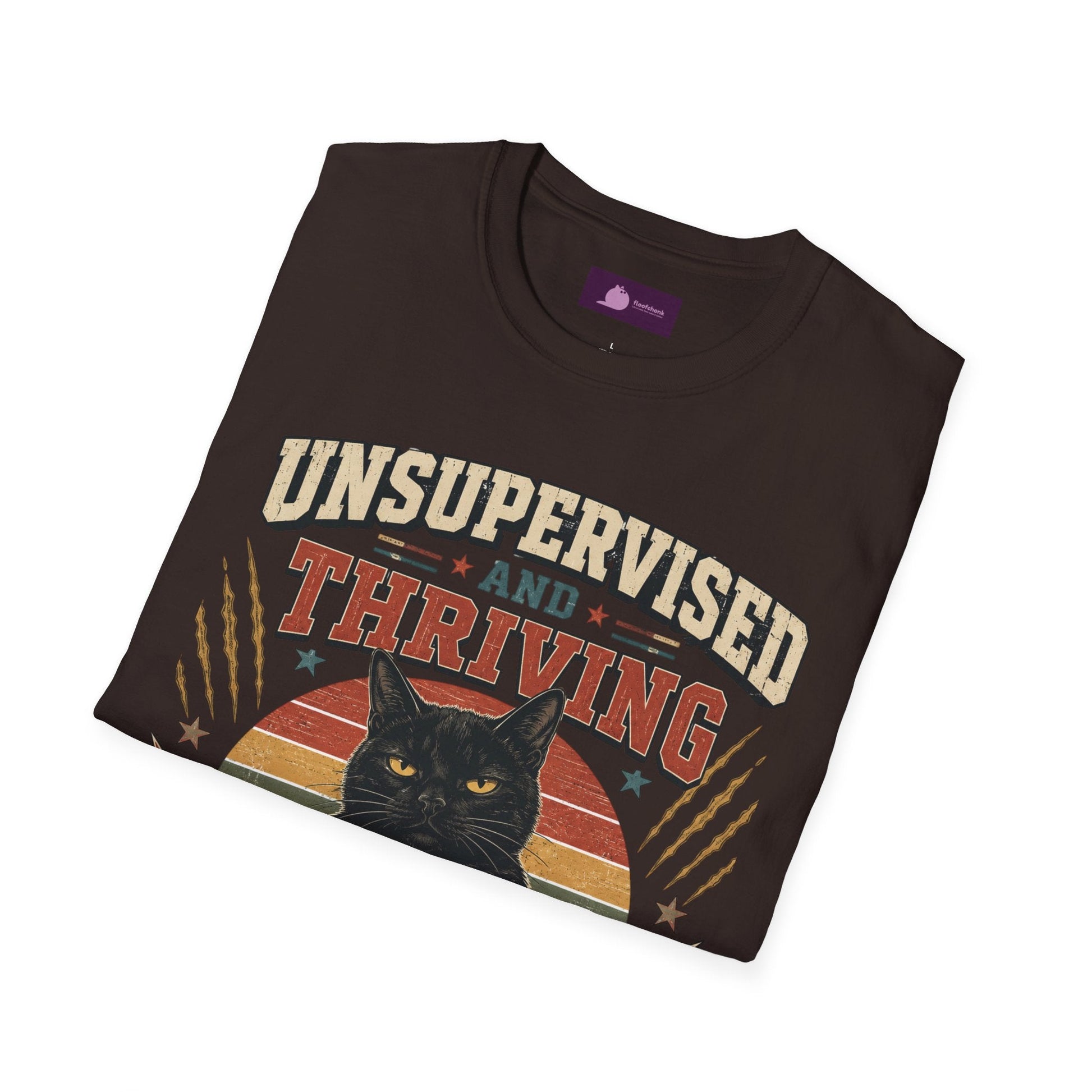 Unsupervised and Thriving Cat T-Shirt — Funny Black Cat Retro Graphic Tee - FloofChonk