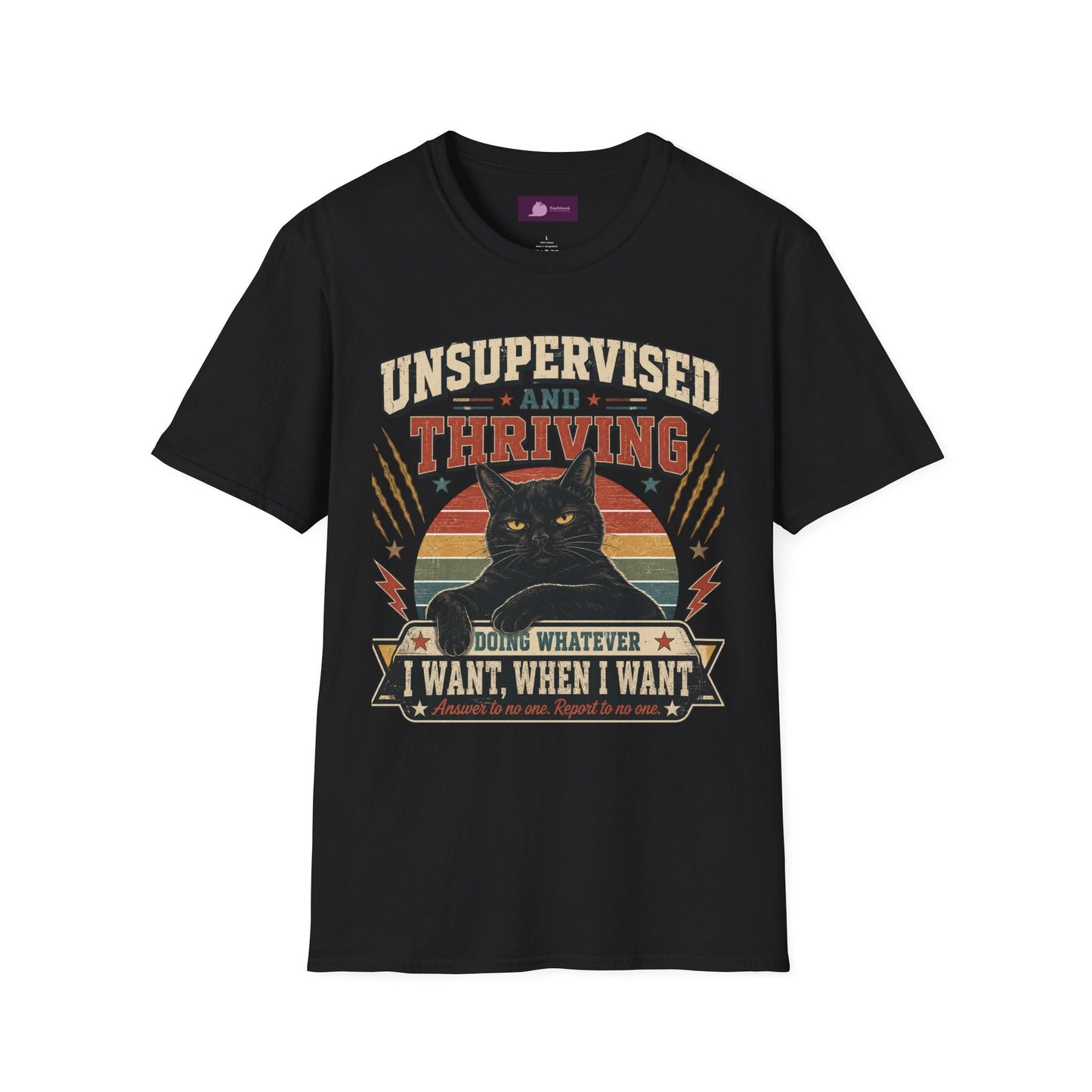 Unsupervised and Thriving Cat T-Shirt — Funny Black Cat Retro Graphic Tee - FloofChonk