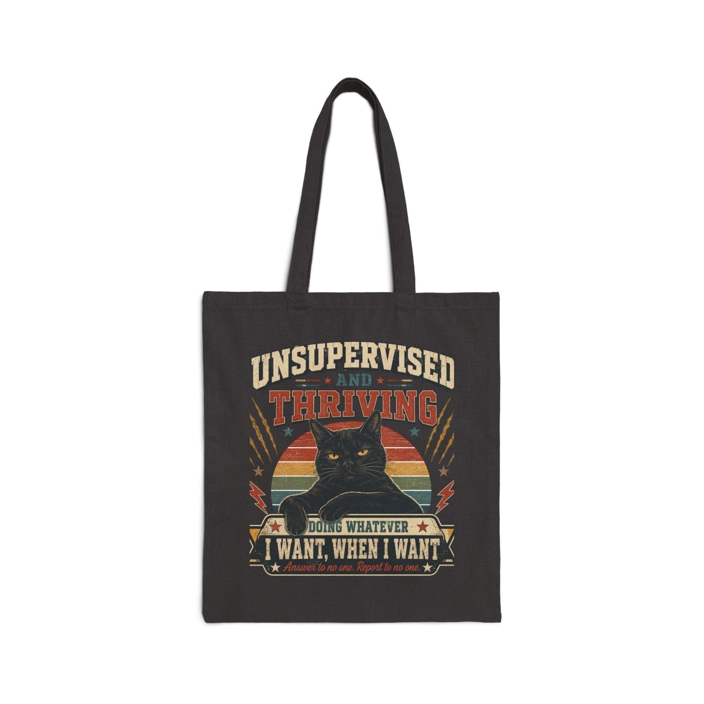 Unsupervised and Thriving Cat Tote Bag – Funny Retro Black Cat Canvas Tote - FloofChonk