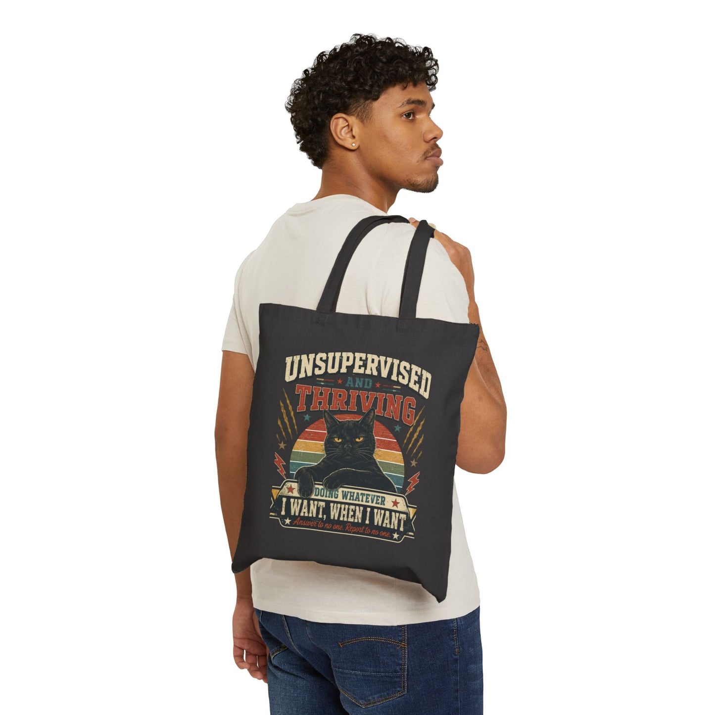Unsupervised and Thriving Cat Tote Bag – Funny Retro Black Cat Canvas Tote - FloofChonk
