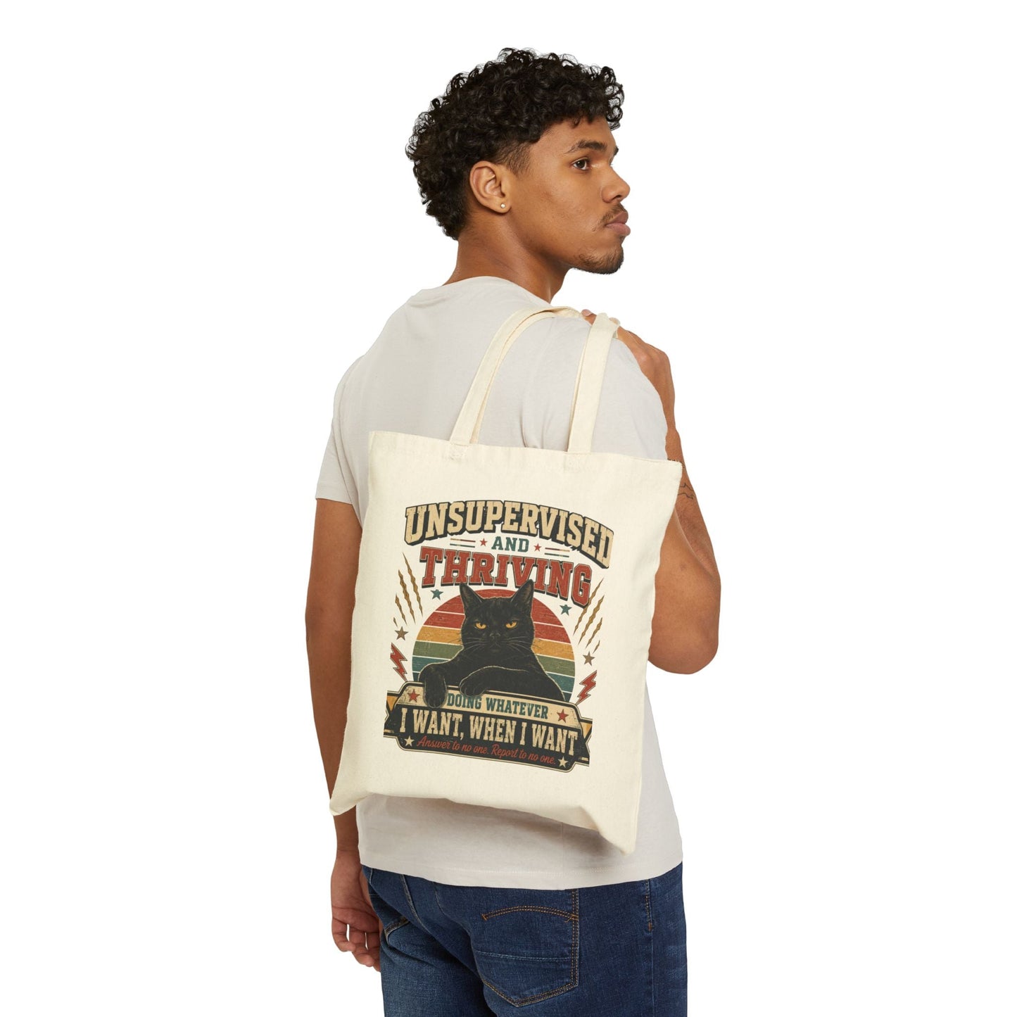 Unsupervised and Thriving Cat Tote Bag – Funny Retro Black Cat Canvas Tote - FloofChonk