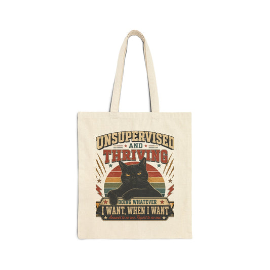 Unsupervised and Thriving Cat Tote Bag – Funny Retro Black Cat Canvas Tote - FloofChonk