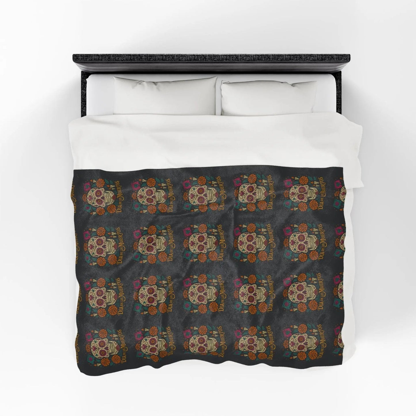 Velveteen Plush Blanket - Dia de los Muertos Skulls and Flowers Halloween Home Decor - FloofChonk