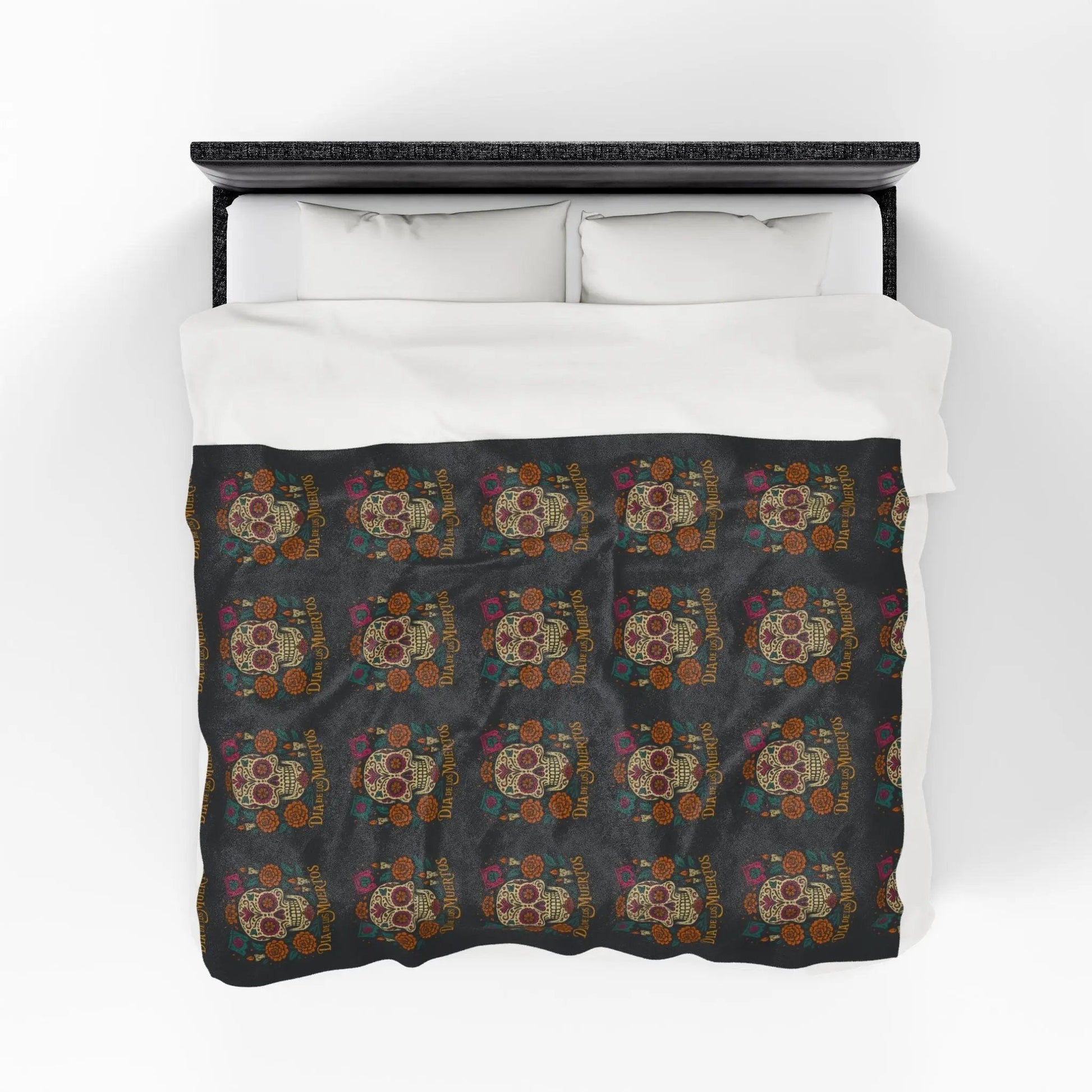 Velveteen Plush Blanket - Dia de los Muertos Skulls and Flowers Halloween Home Decor - FloofChonk