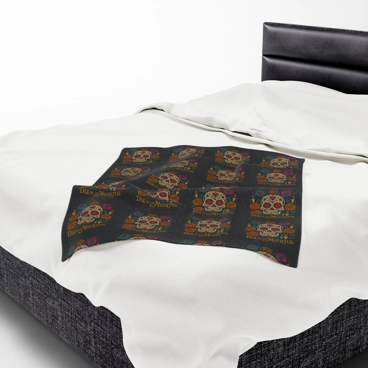 Velveteen Plush Blanket - Dia de los Muertos Skulls and Flowers Halloween Home Decor - FloofChonk