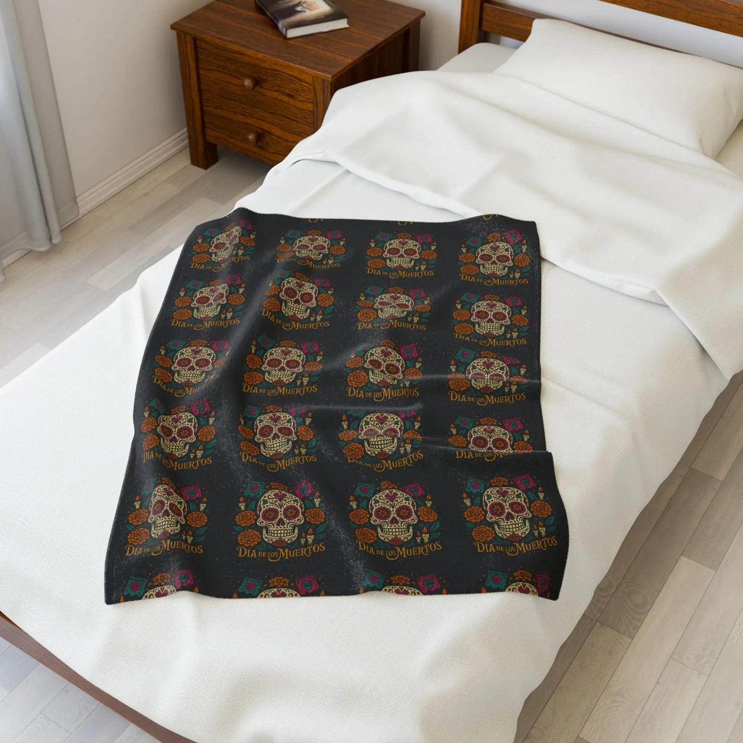 Velveteen Plush Blanket - Dia de los Muertos Skulls and Flowers Halloween Home Decor - FloofChonk