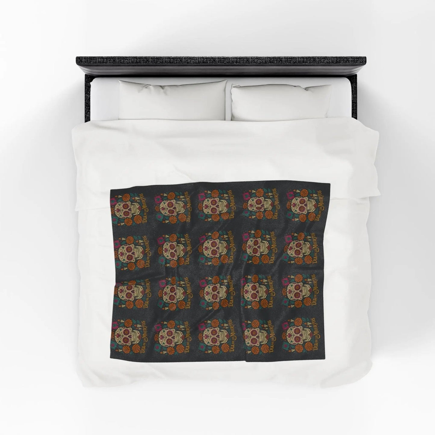 Velveteen Plush Blanket - Dia de los Muertos Skulls and Flowers Halloween Home Decor - FloofChonk