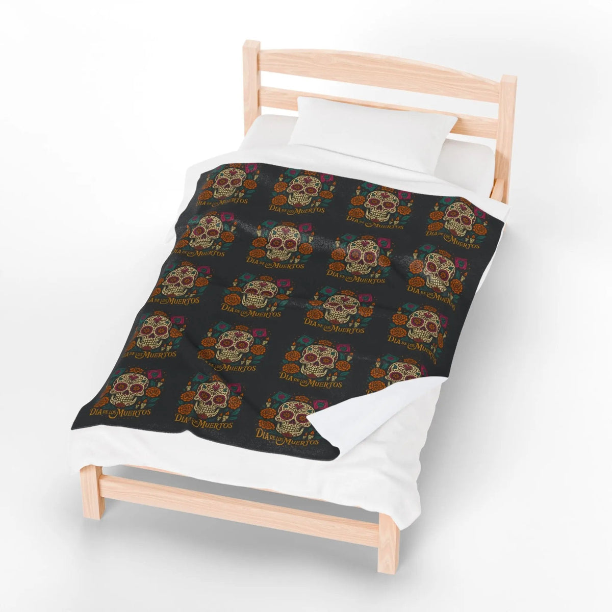 Velveteen Plush Blanket - Dia de los Muertos Skulls and Flowers Halloween Home Decor - FloofChonk
