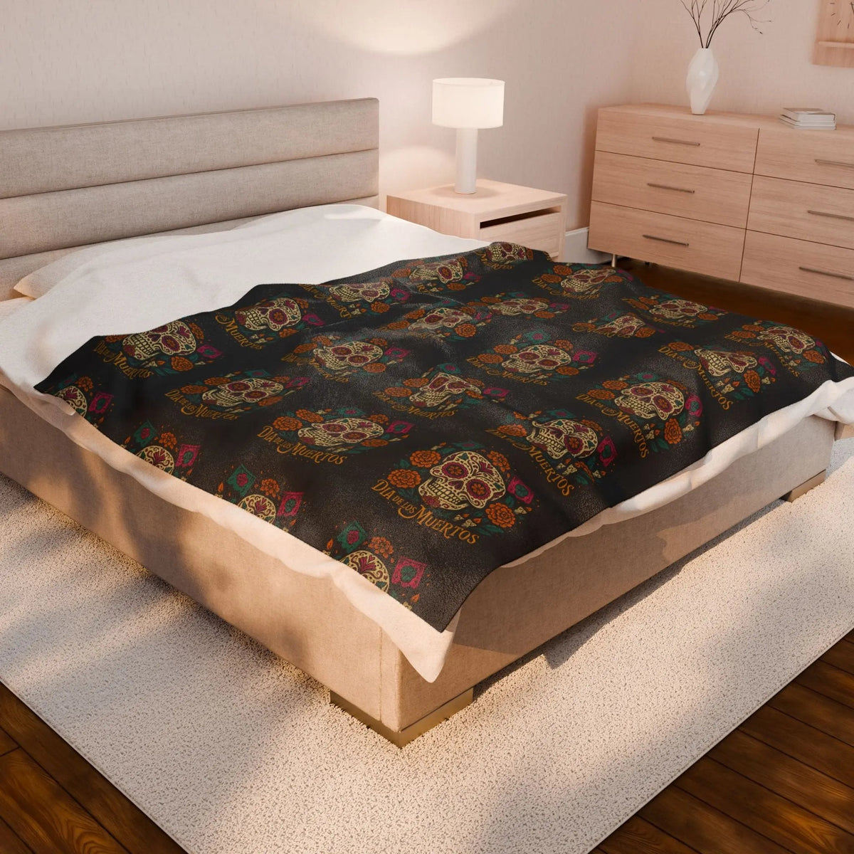 Velveteen Plush Blanket - Dia de los Muertos Skulls and Flowers Halloween Home Decor - FloofChonk