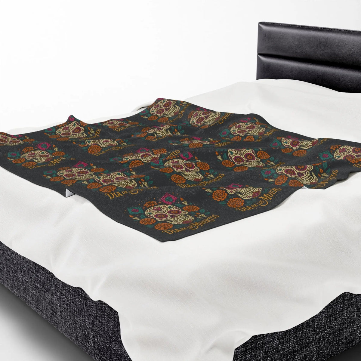 Velveteen Plush Blanket - Dia de los Muertos Skulls and Flowers Halloween Home Decor - FloofChonk