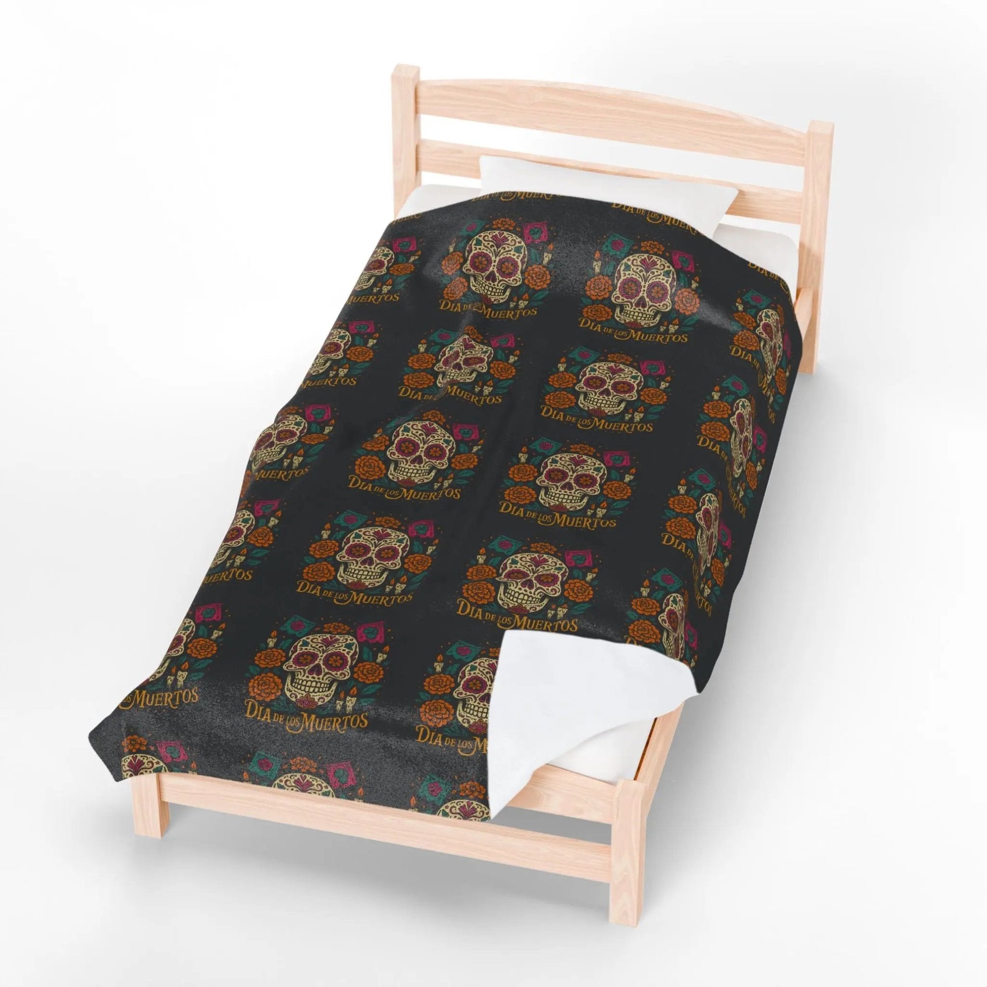 Velveteen Plush Blanket - Dia de los Muertos Skulls and Flowers Halloween Home Decor - FloofChonk